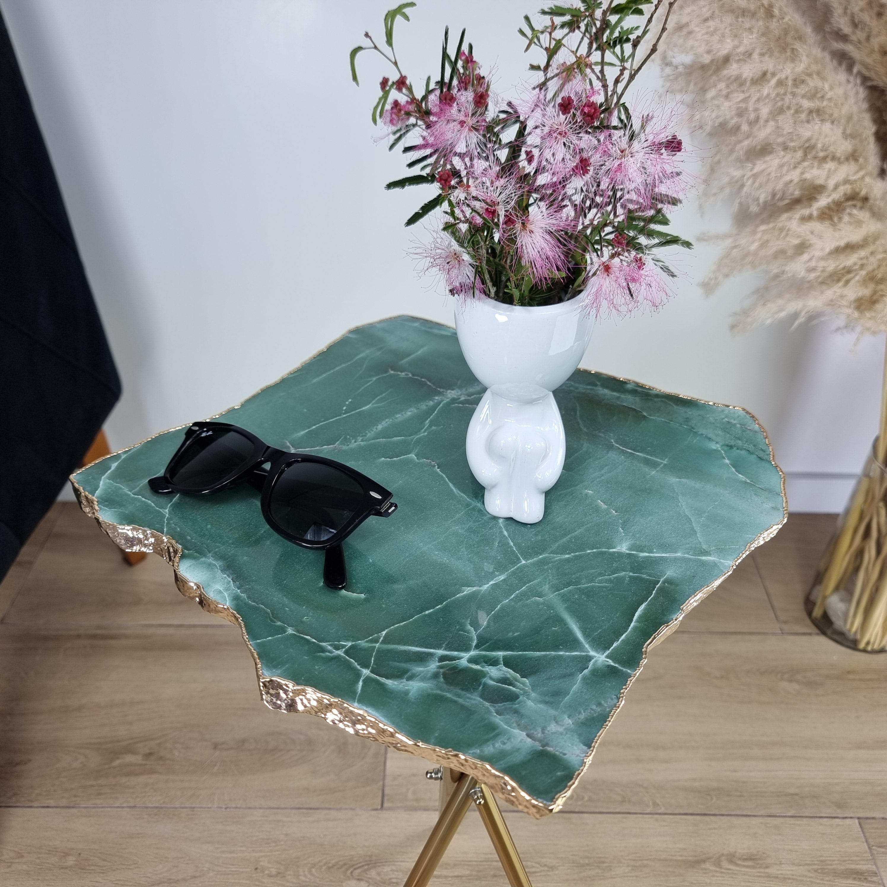 Green Quartz Side Table With Golden Bath in Stone 24 inches high, total weight 12 pounds