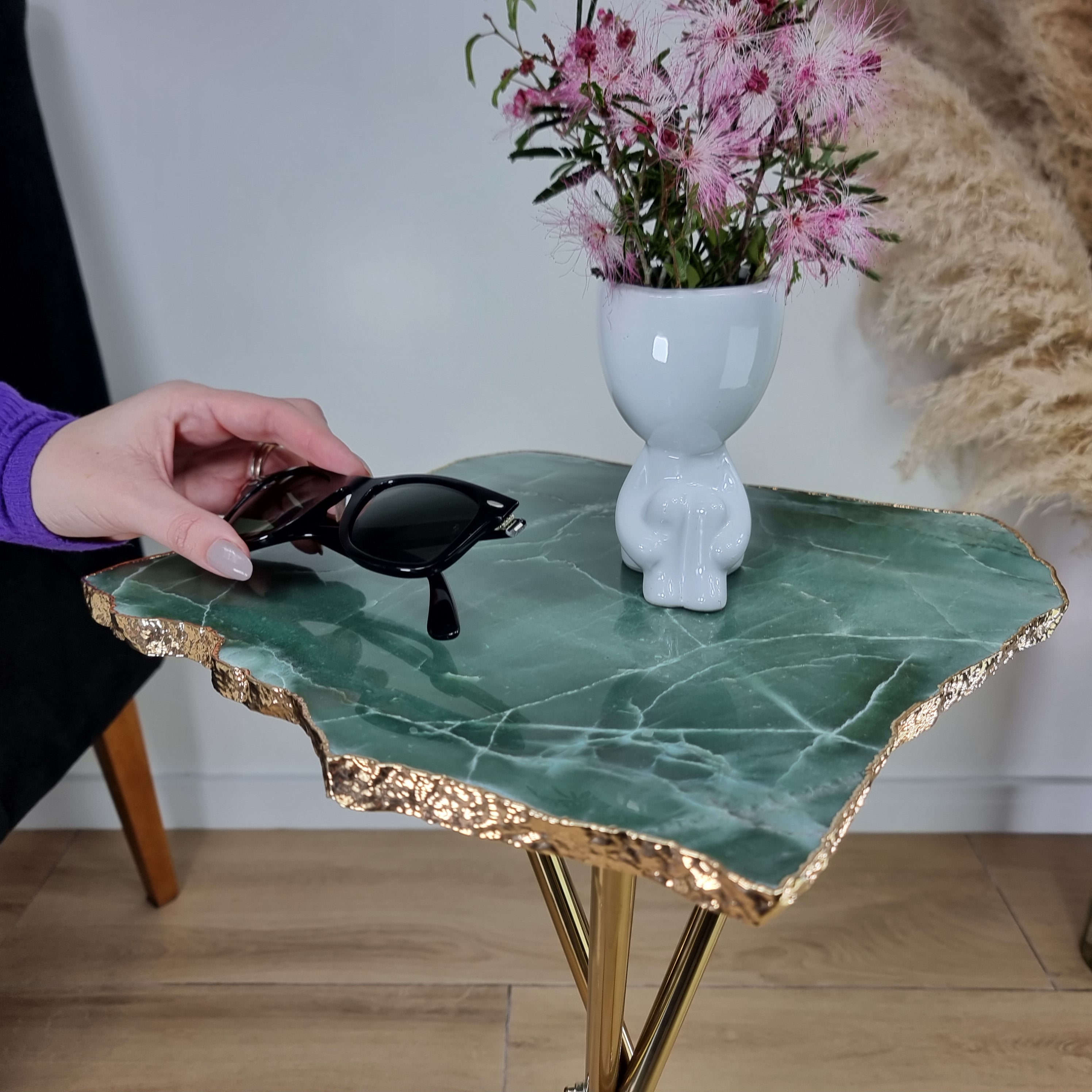 Green Quartz Side Table With Golden Bath in Stone 24 inches high, total weight 12 pounds