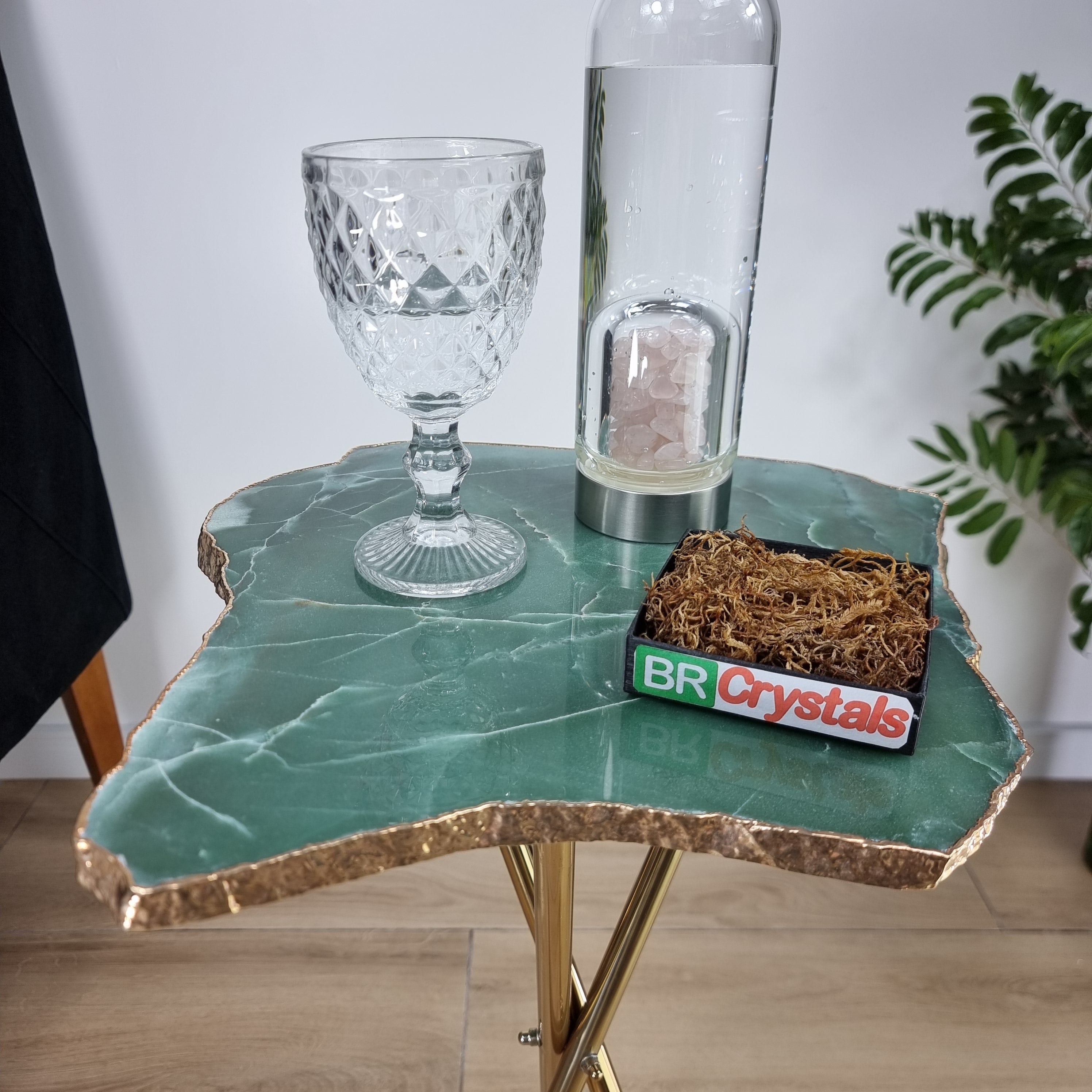 Green Quartz Side Table With Golden Bath in Stone 24 inches high, total weight 12 pounds