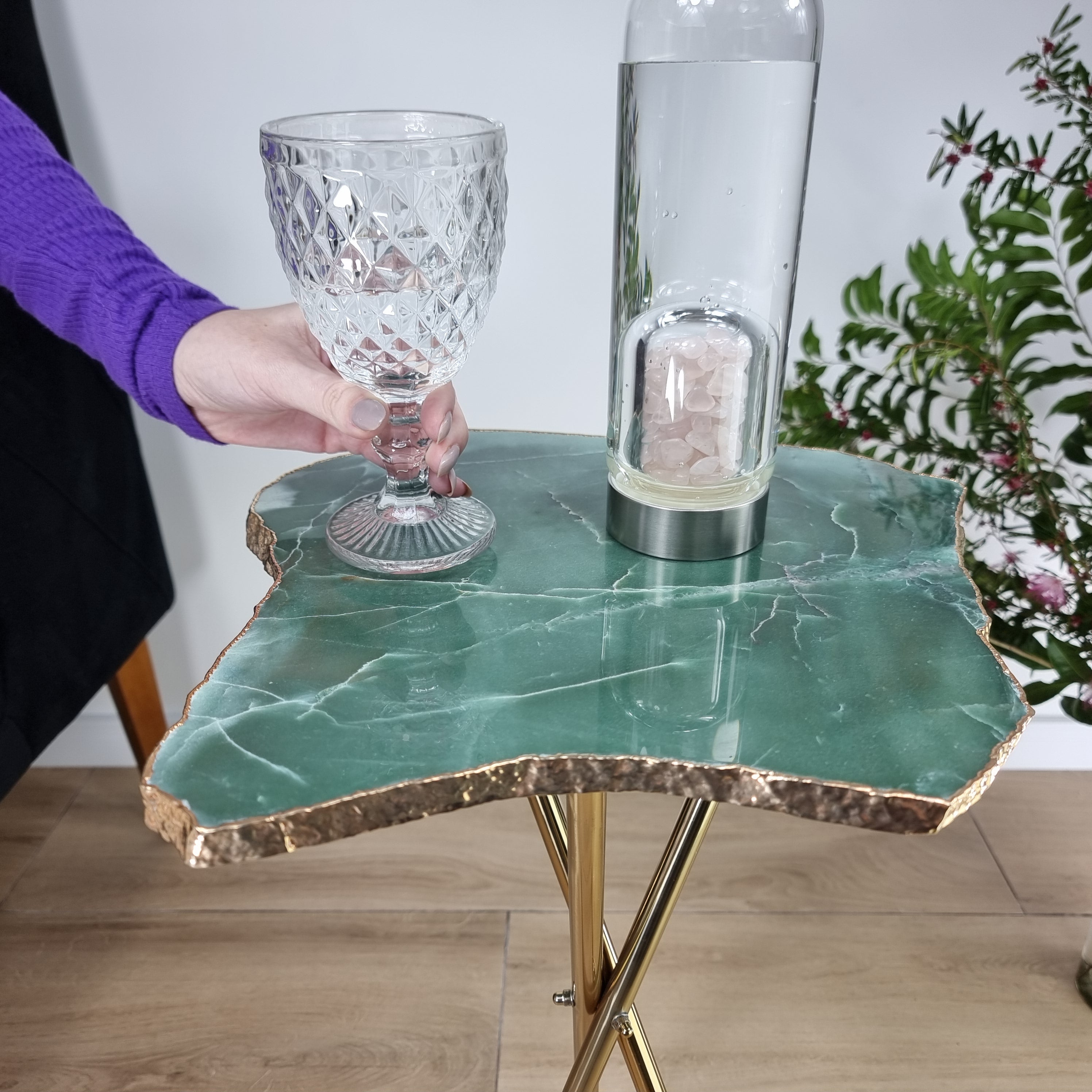 Green Quartz Side Table With Golden Bath in Stone 24 inches high, total weight 12 pounds