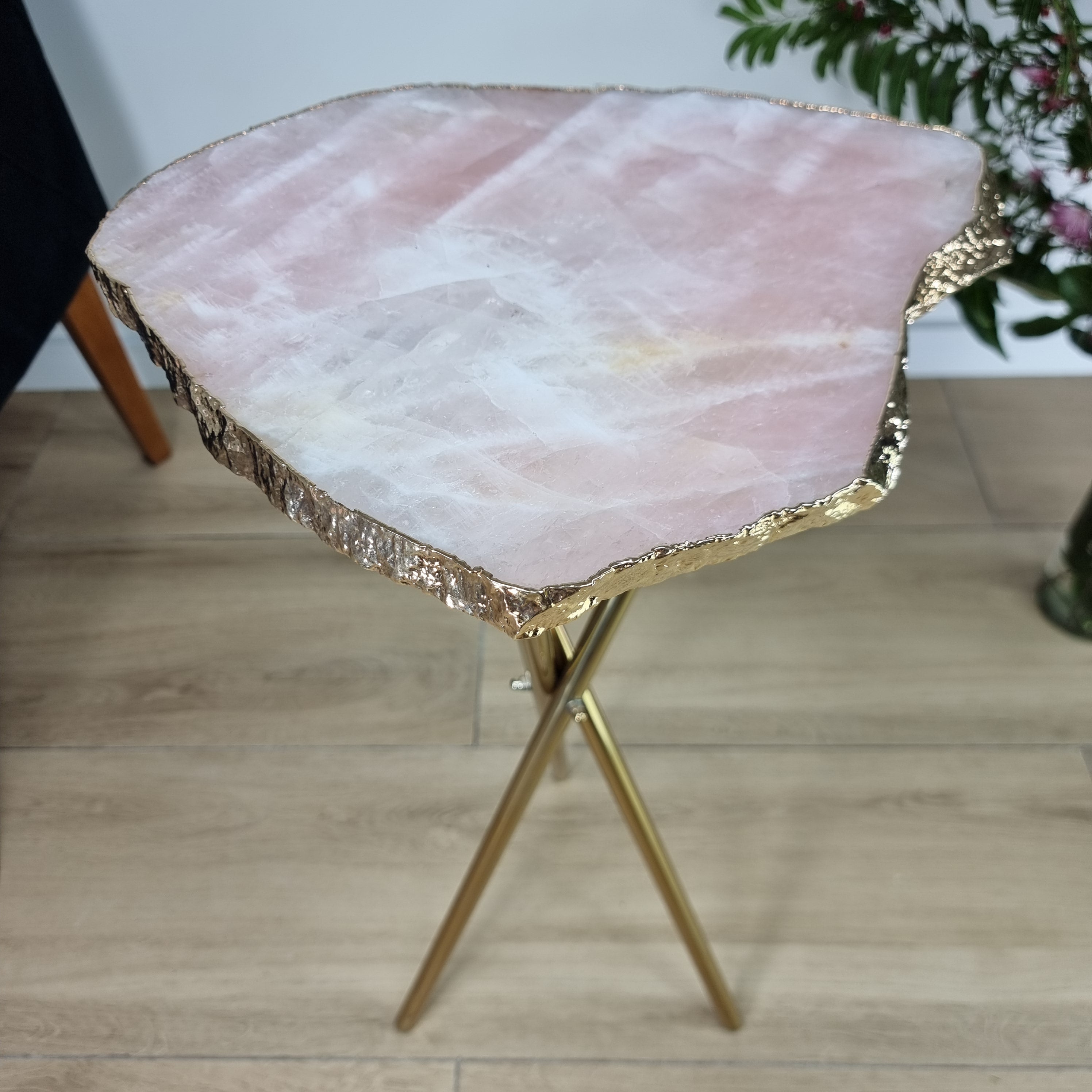 Rose Quartz Side Table With Golden Bath in Stone 24 inches high, total weight 9.9 pounds
