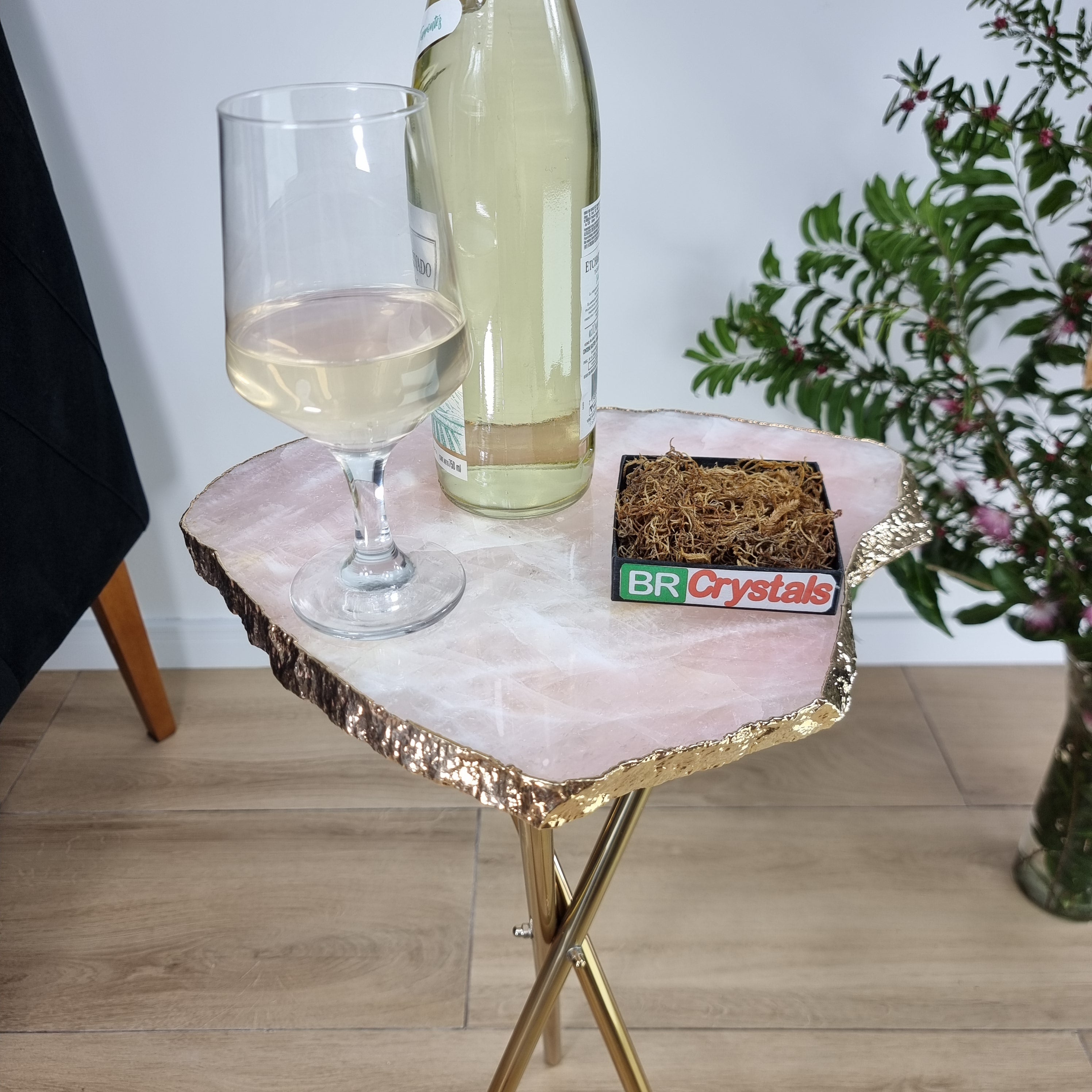 Rose Quartz Side Table With Golden Bath in Stone 24 inches high, total weight 9.9 pounds