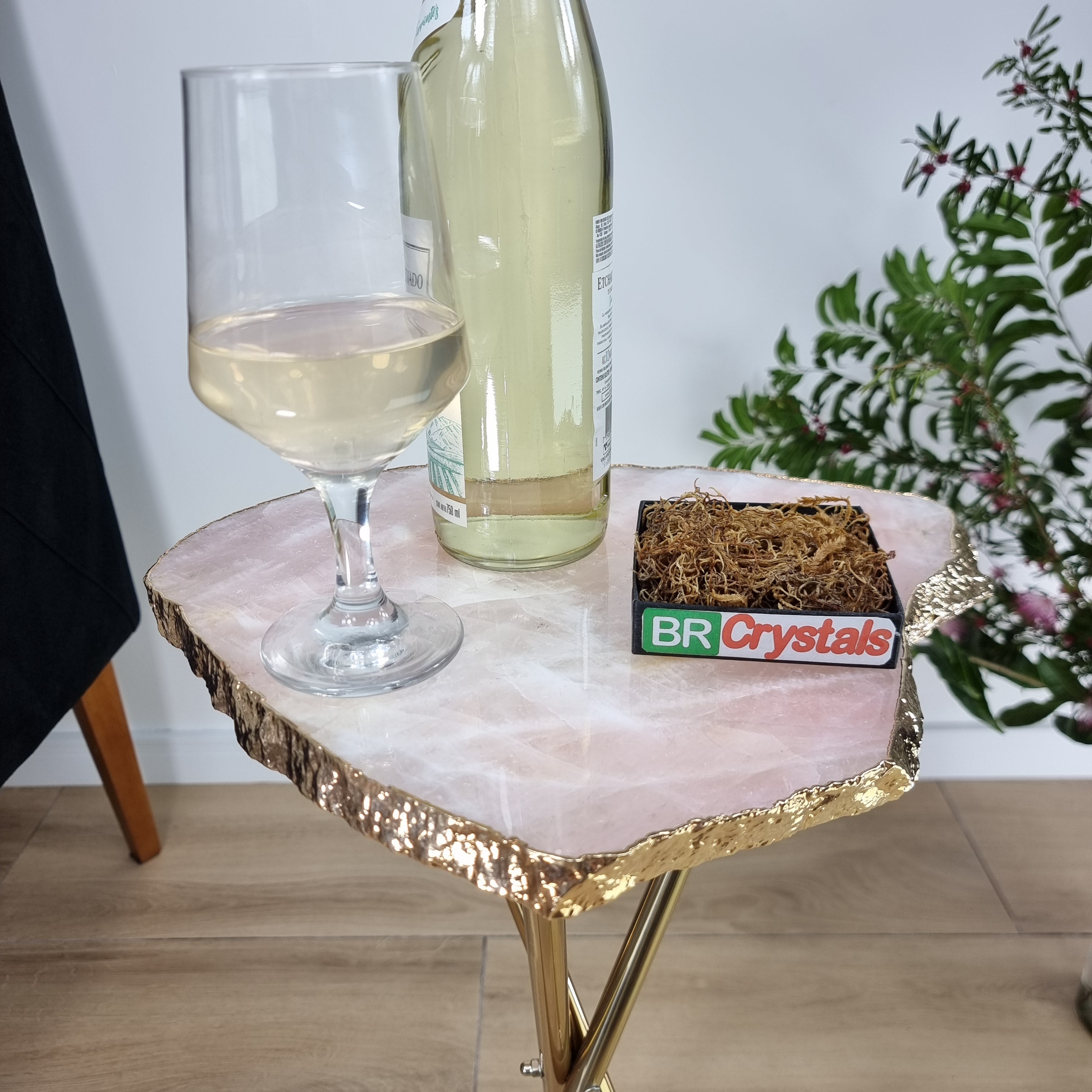 Rose Quartz Side Table With Golden Bath in Stone 24 inches high, total weight 9.9 pounds