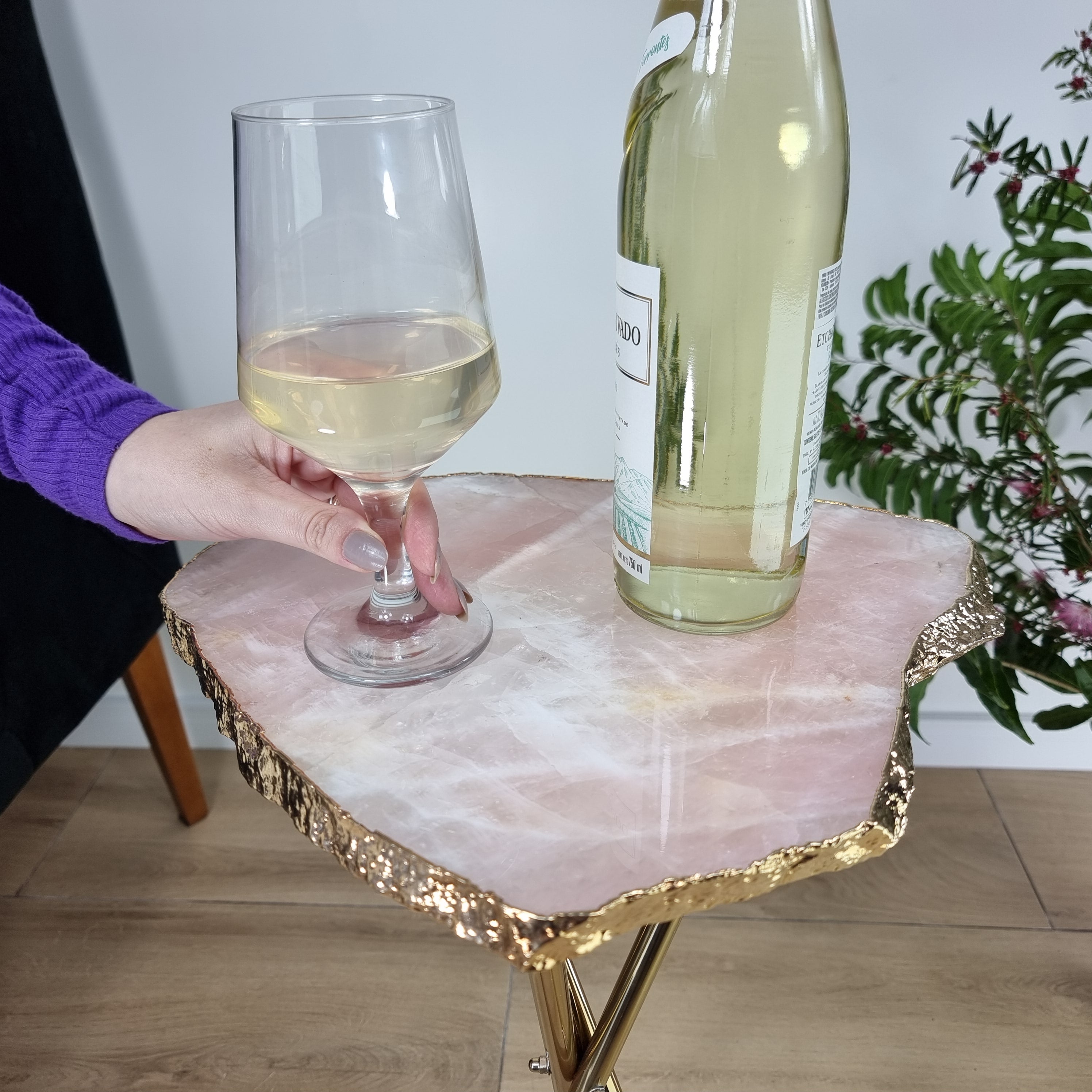 Rose Quartz Side Table With Golden Bath in Stone 24 inches high, total weight 9.9 pounds