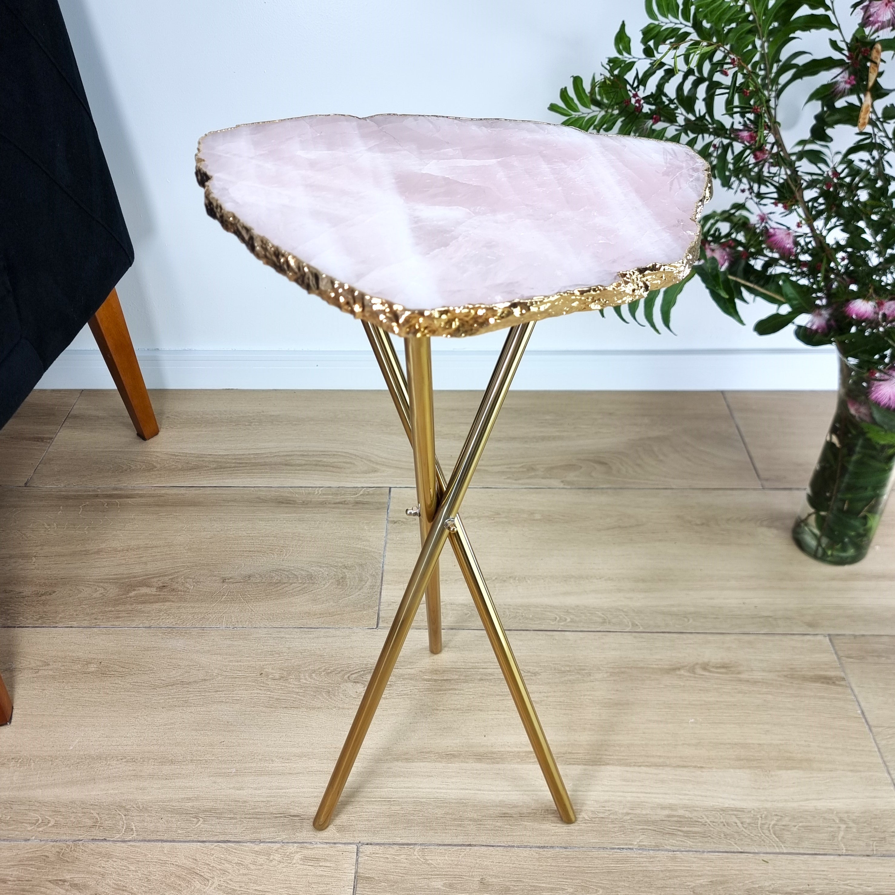 Rose Quartz Side Table With Golden Bath in Stone 24 inches high, total weight 9.92 pounds