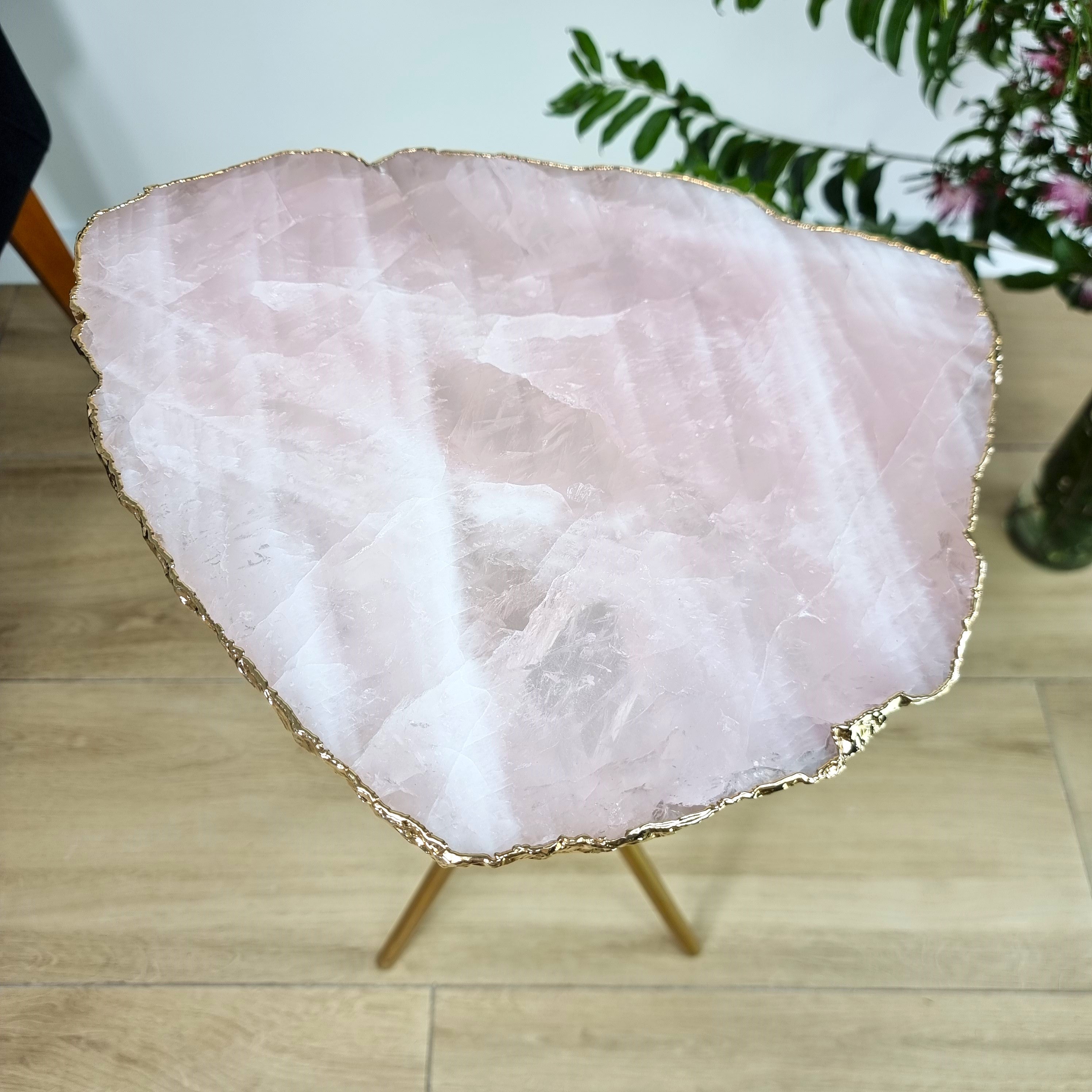 Rose Quartz Side Table With Golden Bath in Stone 24 inches high, total weight 9.92 pounds