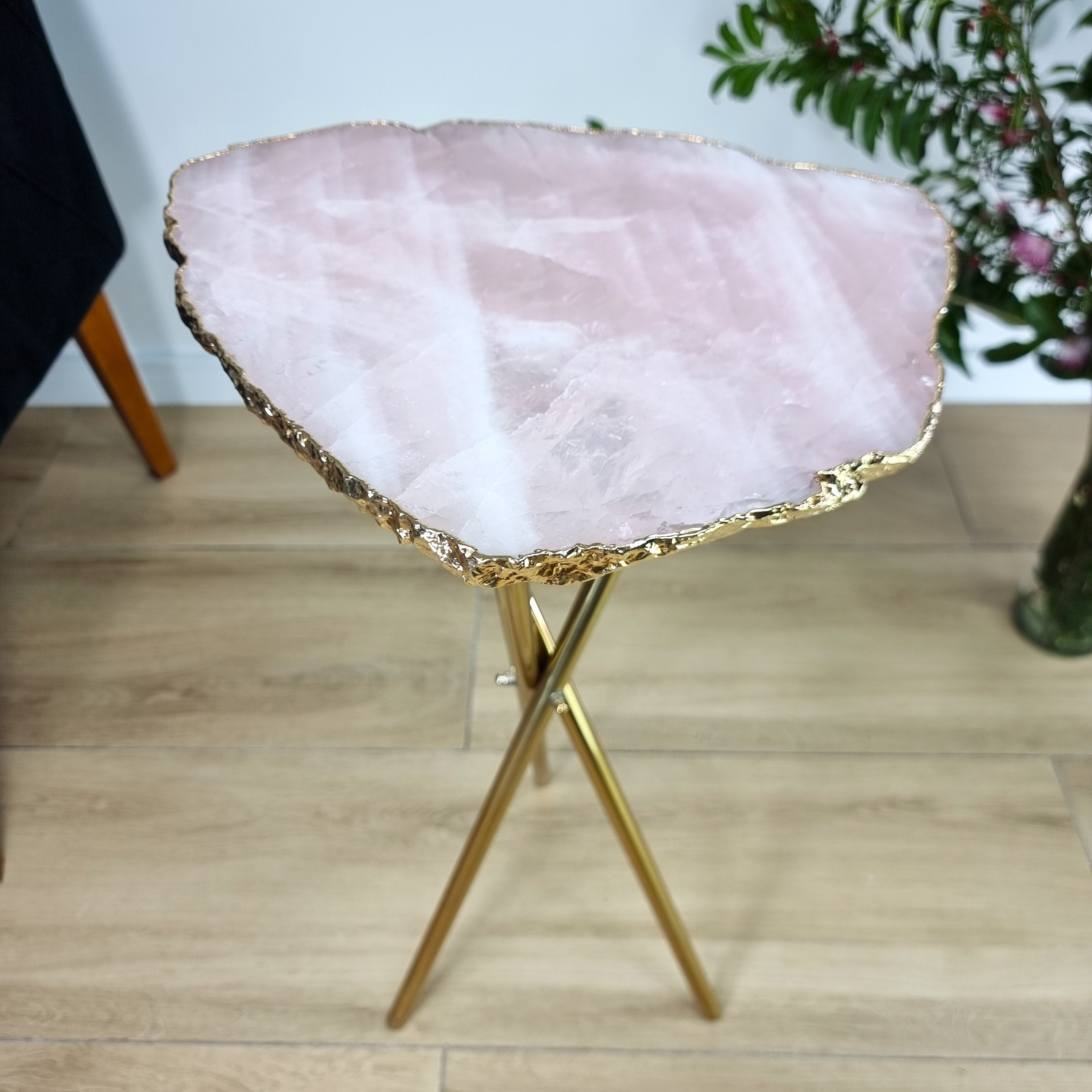 Rose Quartz Side Table With Golden Bath in Stone 24 inches high, total weight 9.92 pounds