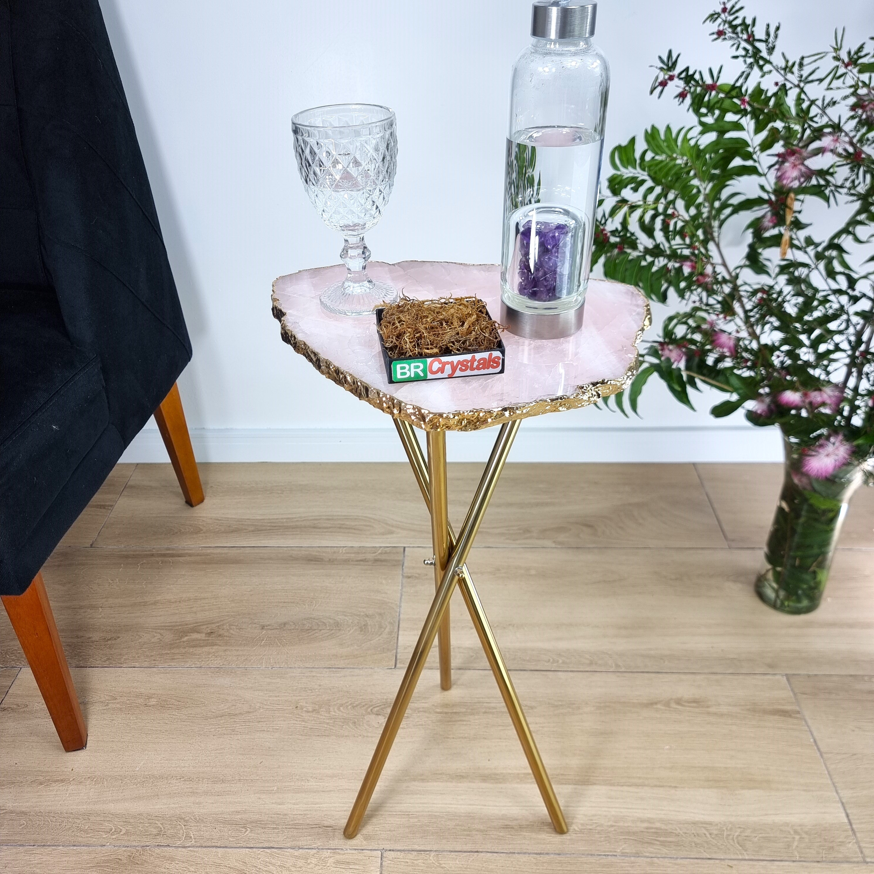 Rose Quartz Side Table With Golden Bath in Stone 24 inches high, total weight 9.92 pounds