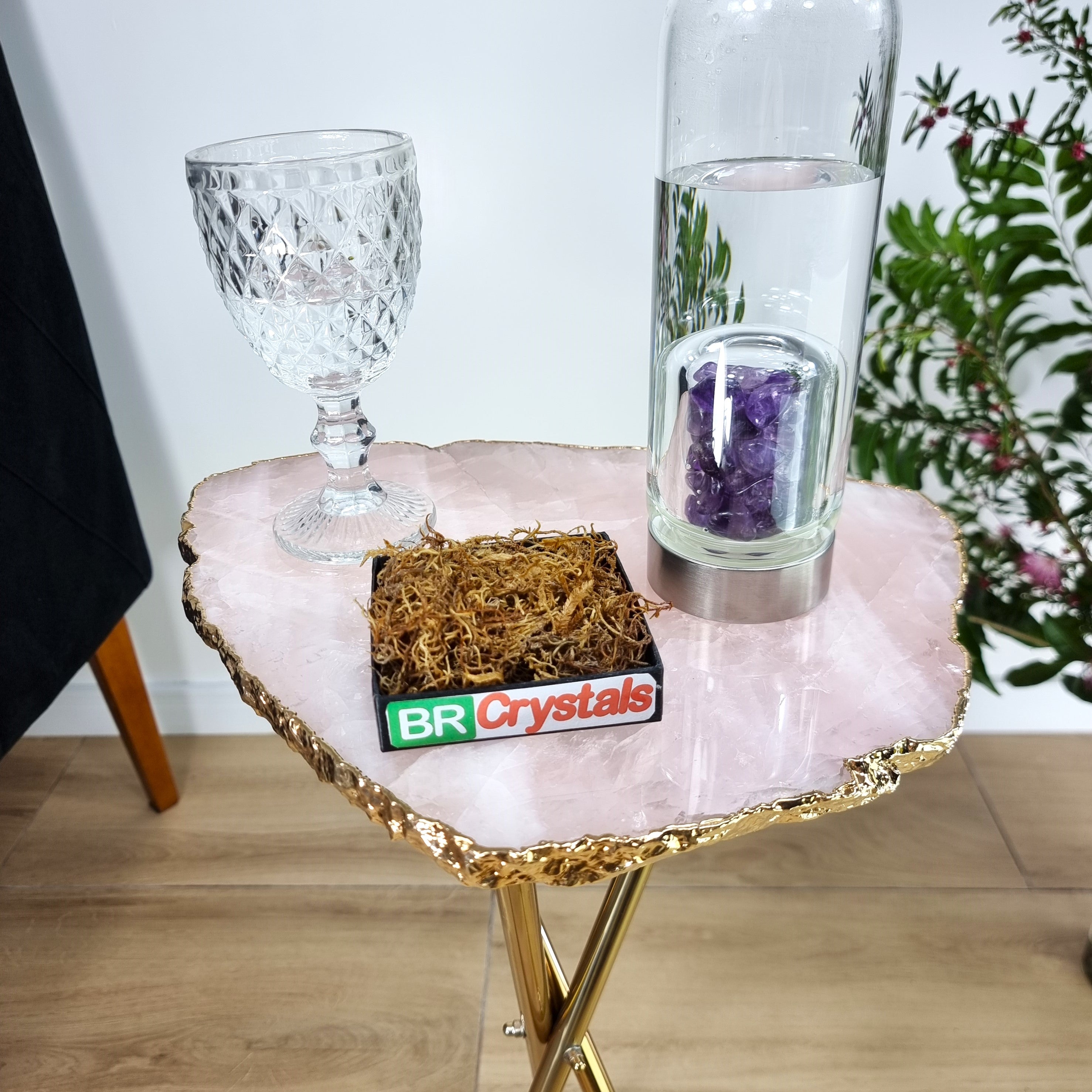 Rose Quartz Side Table With Golden Bath in Stone 24 inches high, total weight 9.92 pounds