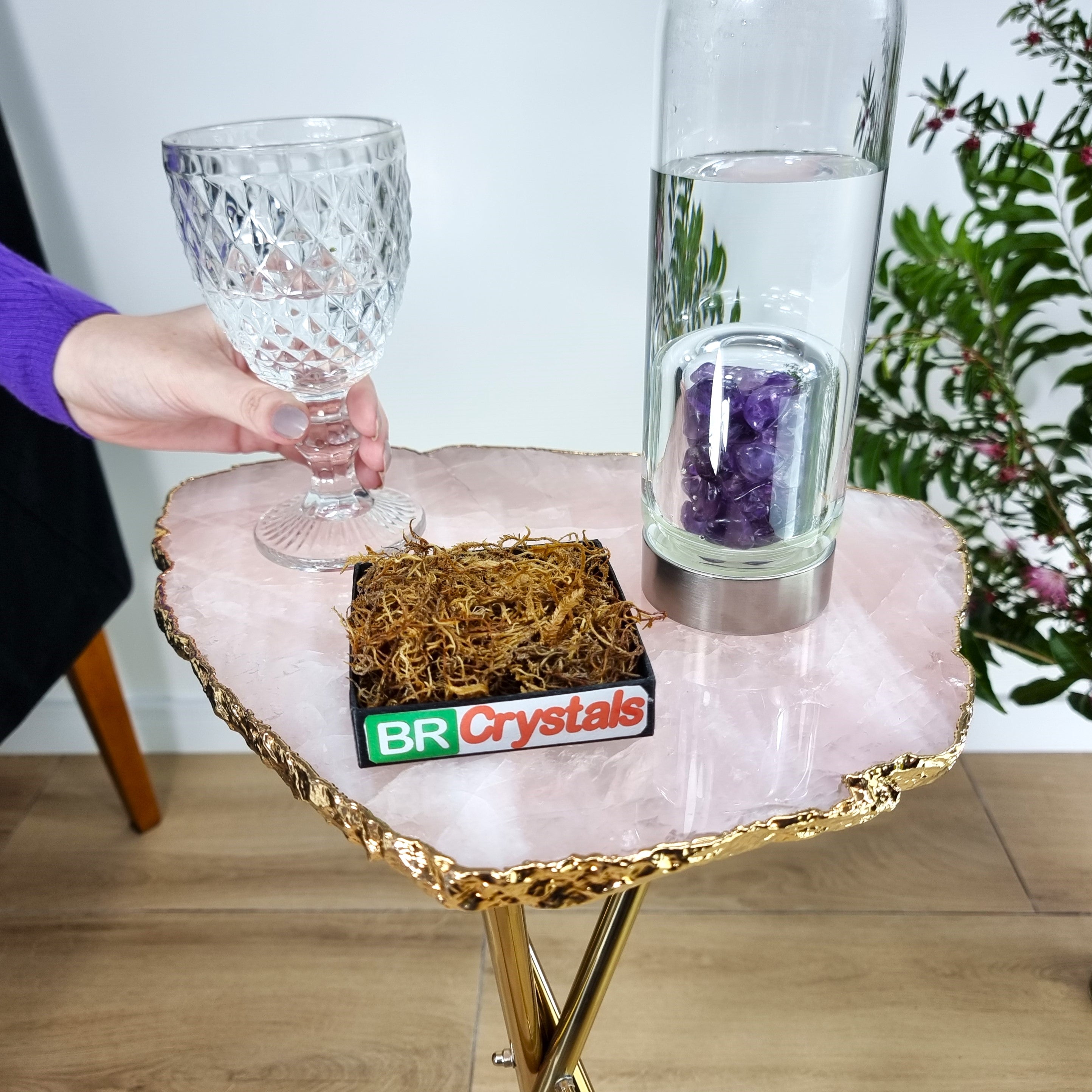 Rose Quartz Side Table With Golden Bath in Stone 24 inches high, total weight 9.92 pounds