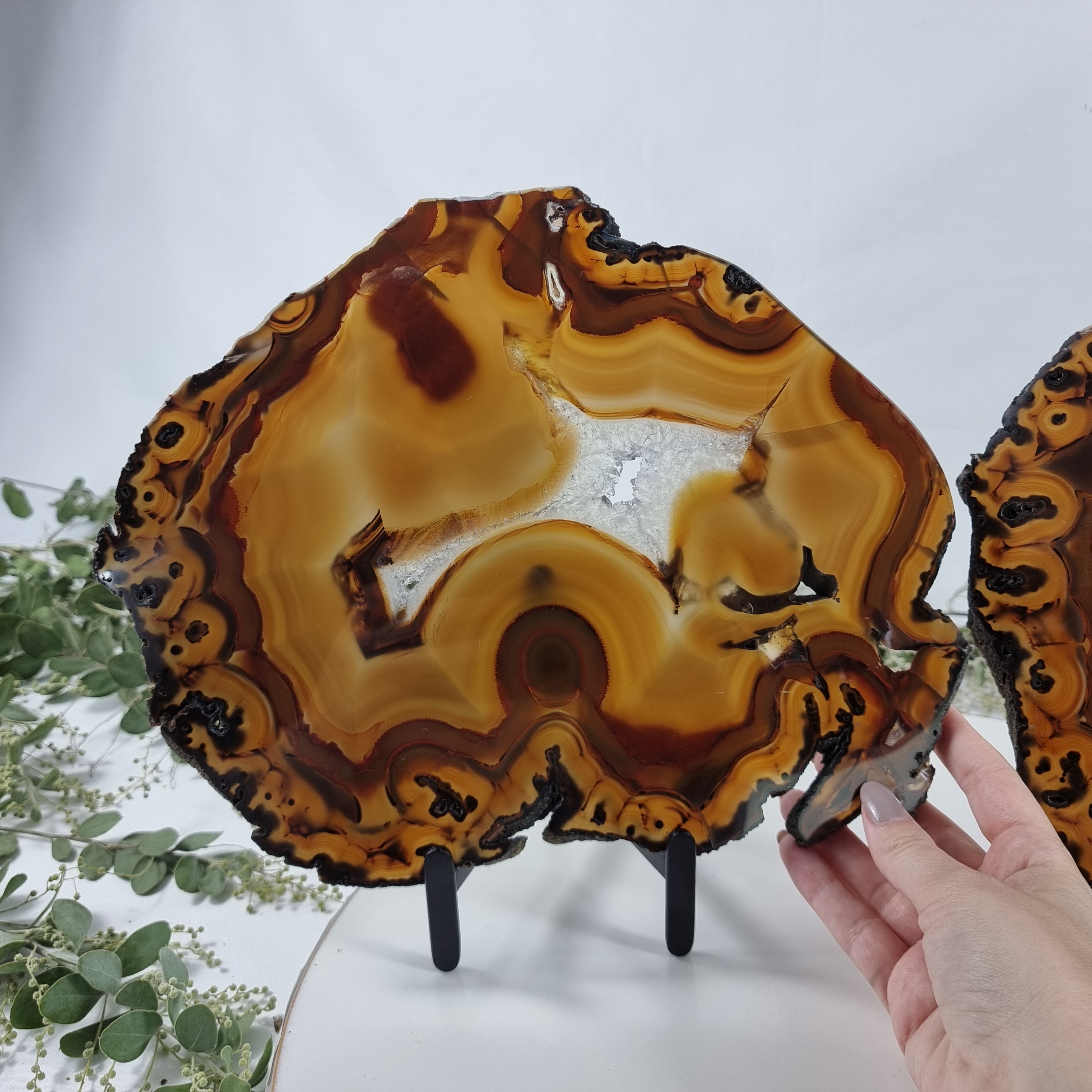 Natural Agate Slabs on Metal Stand - Special Large Natural Brazilian - Set of 2 - 9.85" and 5.29 lbs