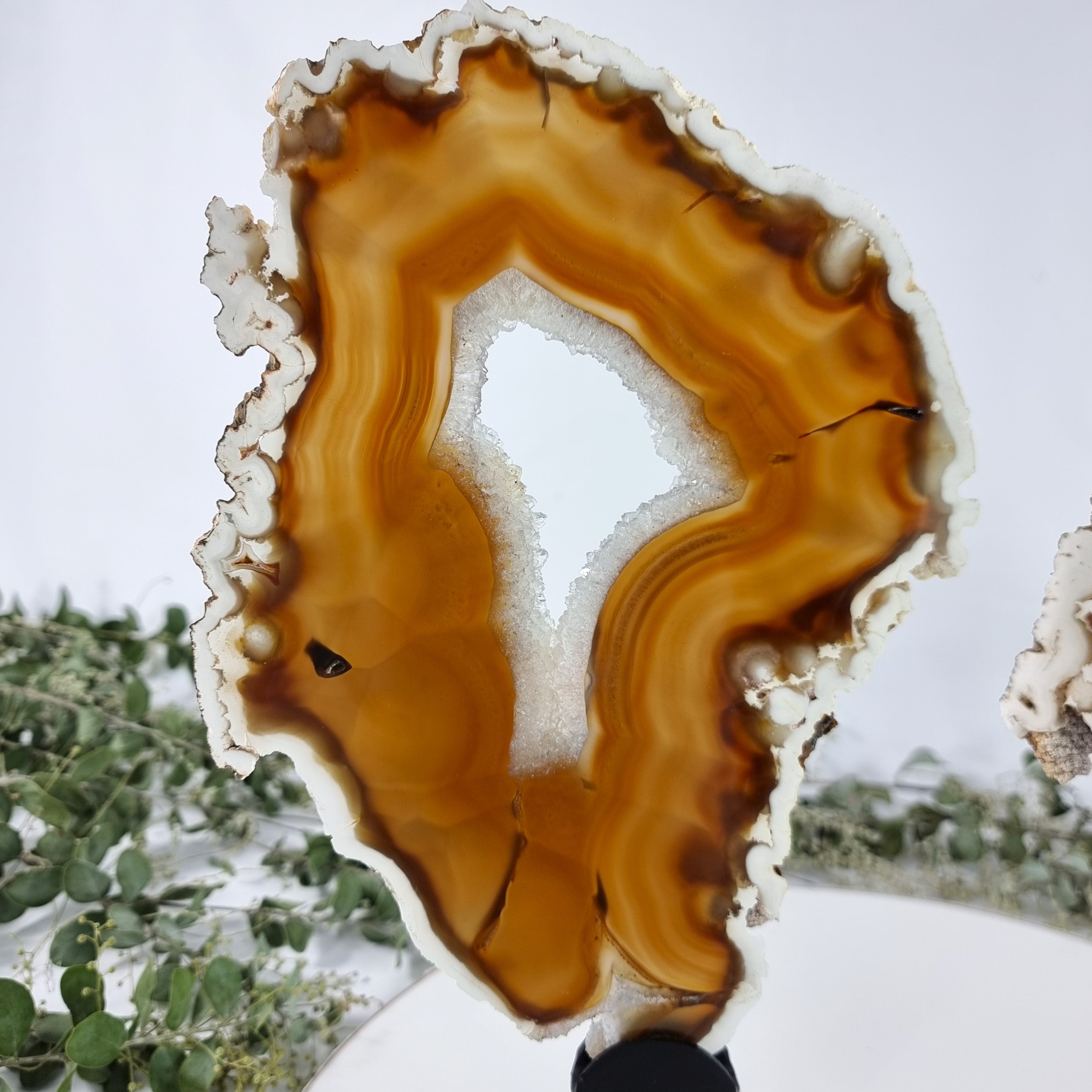 Special Large Natural Brazilian Agate Slice on a Metal Stand, 13.0" Tall Weight: 3,54 lbs - Set of 02