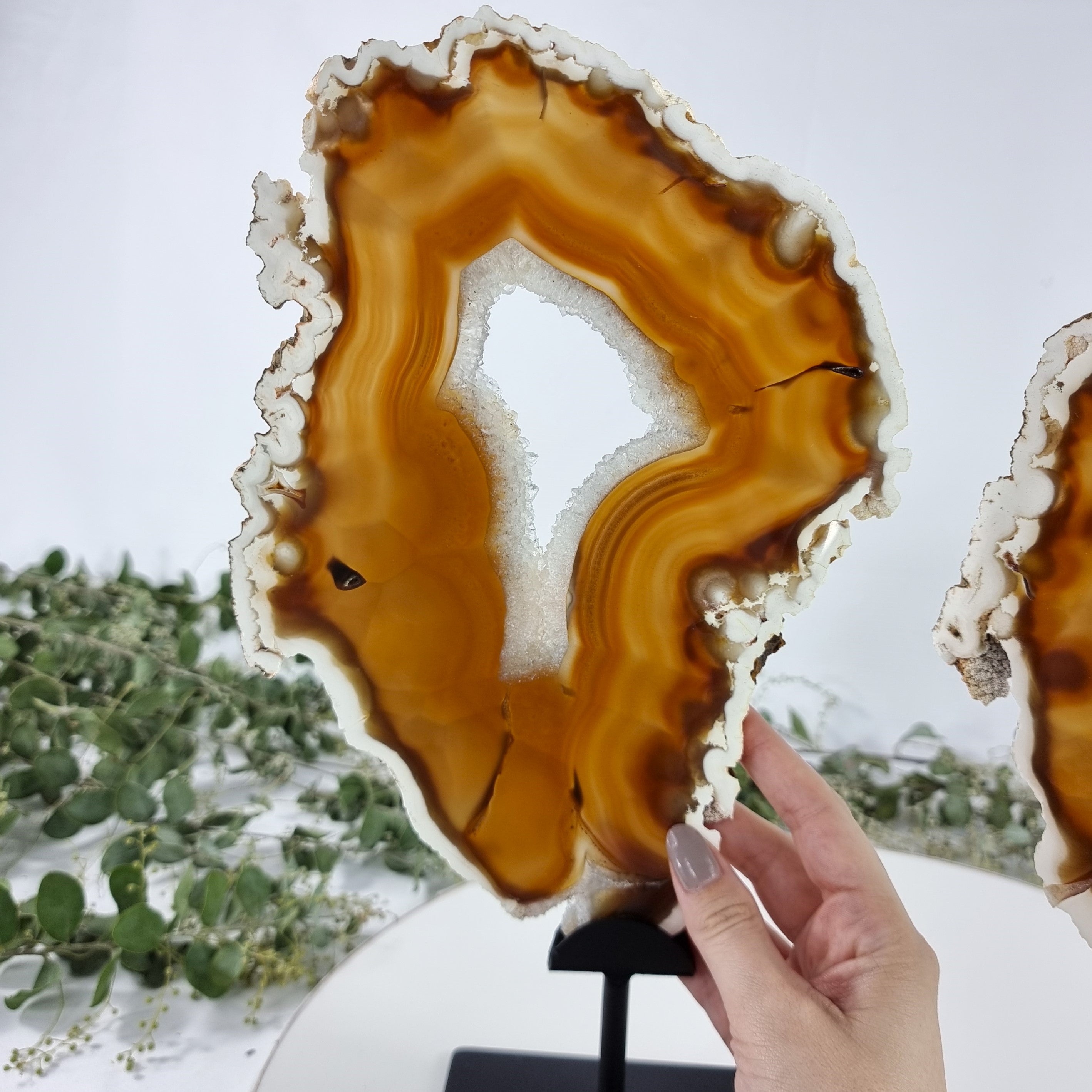 Special Large Natural Brazilian Agate Slice on a Metal Stand, 13.0" Tall Weight: 3,54 lbs - Set of 02