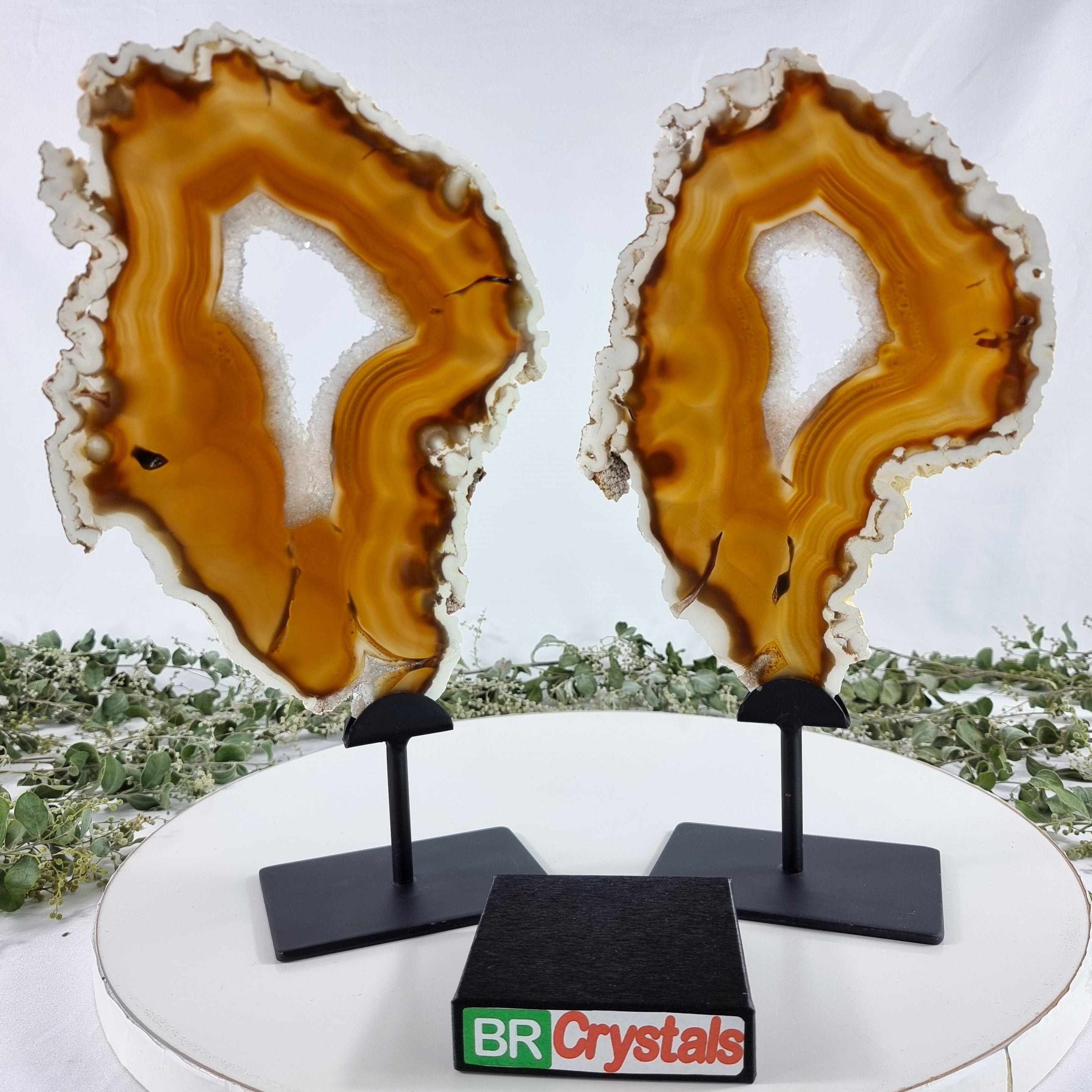 Special Large Natural Brazilian Agate Slice on a Metal Stand, 13.0" Tall Weight: 3,54 lbs - Set of 02