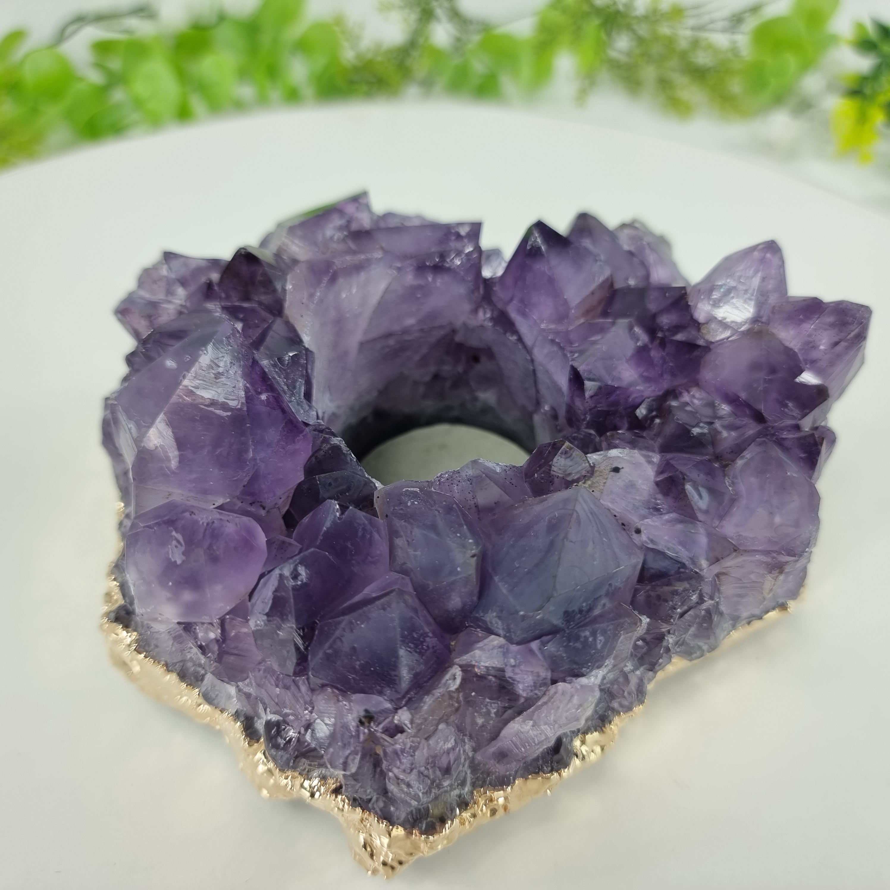 Porta Vela de Ametista Drusa com Cristais Especiais | Banho Dourado Bordas | Energia, Beleza e Sofisticação | Peça Artesanal BR Crystal