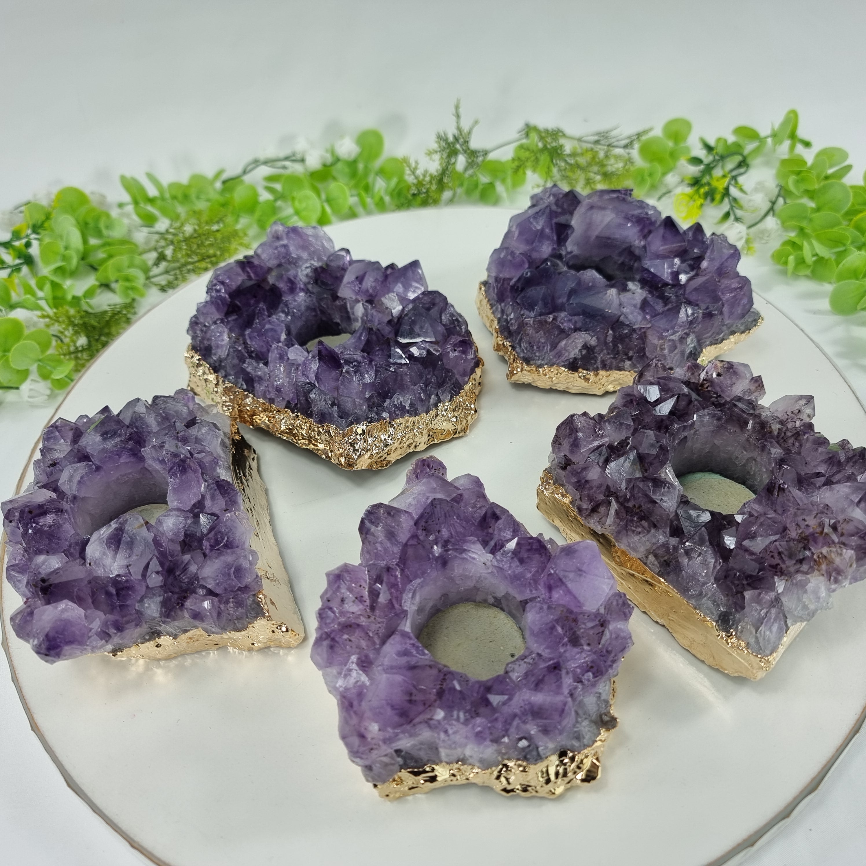 Amethyst Druse Candle Holder with Special Crystals | Gold Plated Edges | Energy, Beauty and Sophistication | Handmade BR Crystal Piece