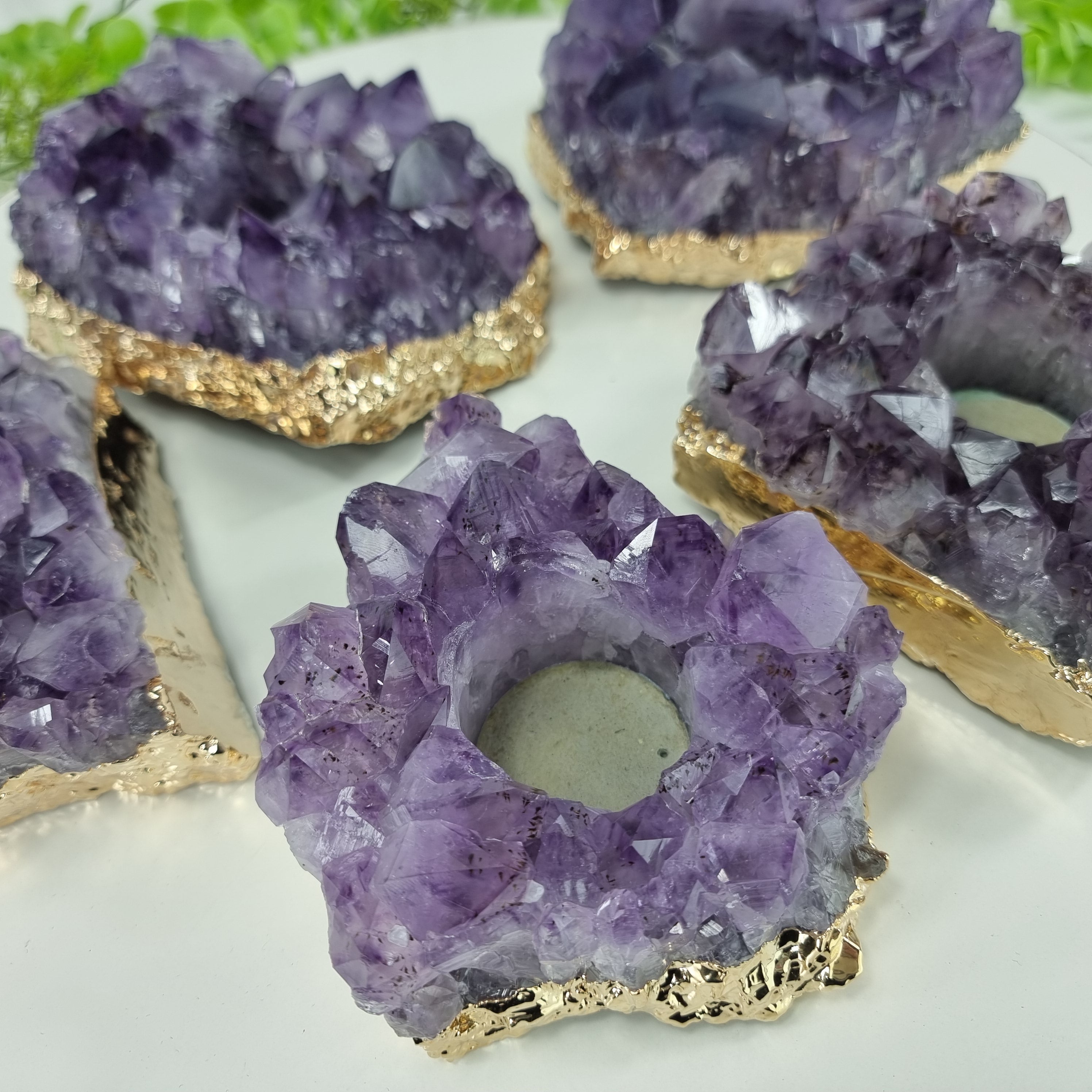 Amethyst Druse Candle Holder with Special Crystals | Gold Plated Edges | Energy, Beauty and Sophistication | Handmade BR Crystal Piece