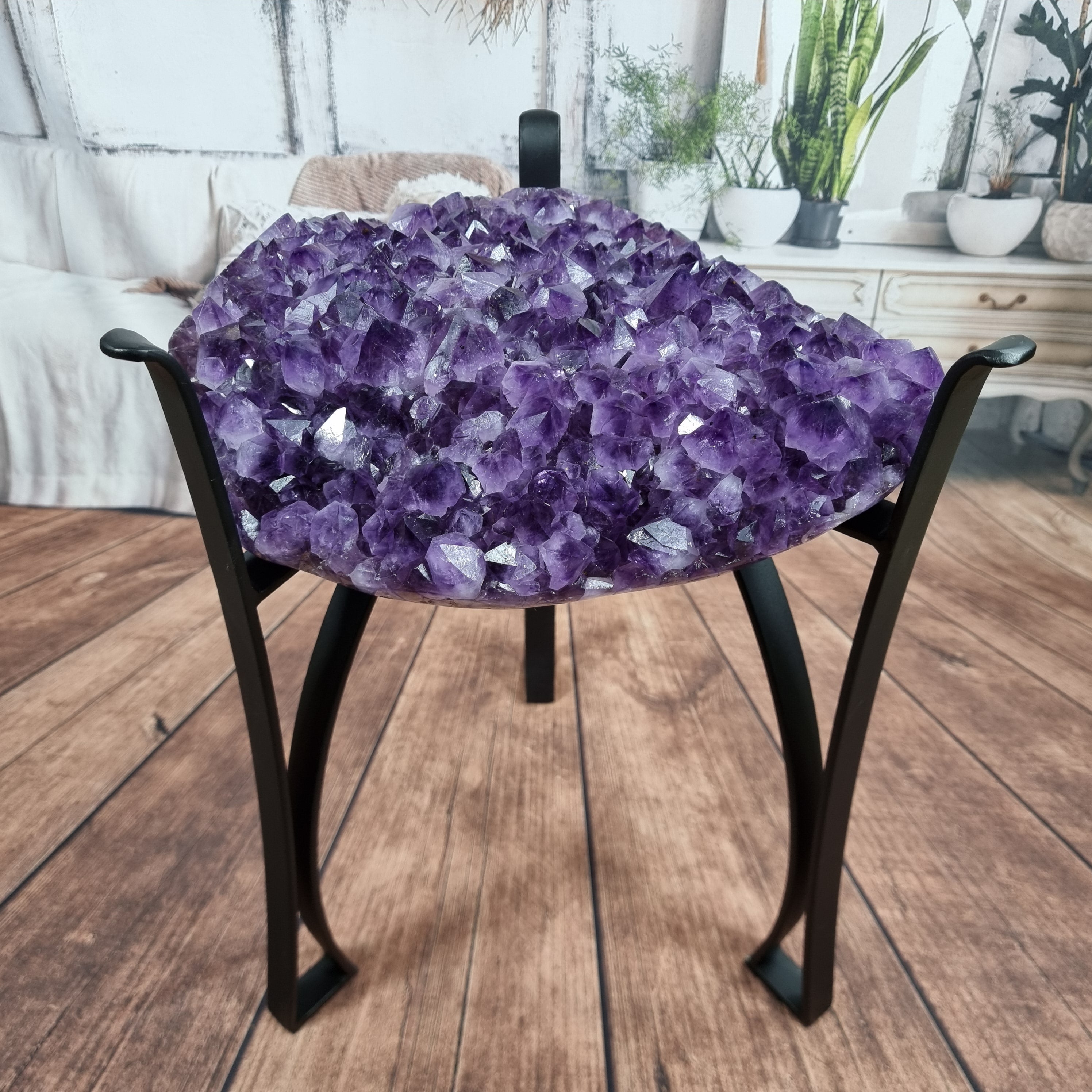 Amethyst Geode Side Table with Metal Legs - Purple Stone End Table - 17.70" and 28.00 lbs