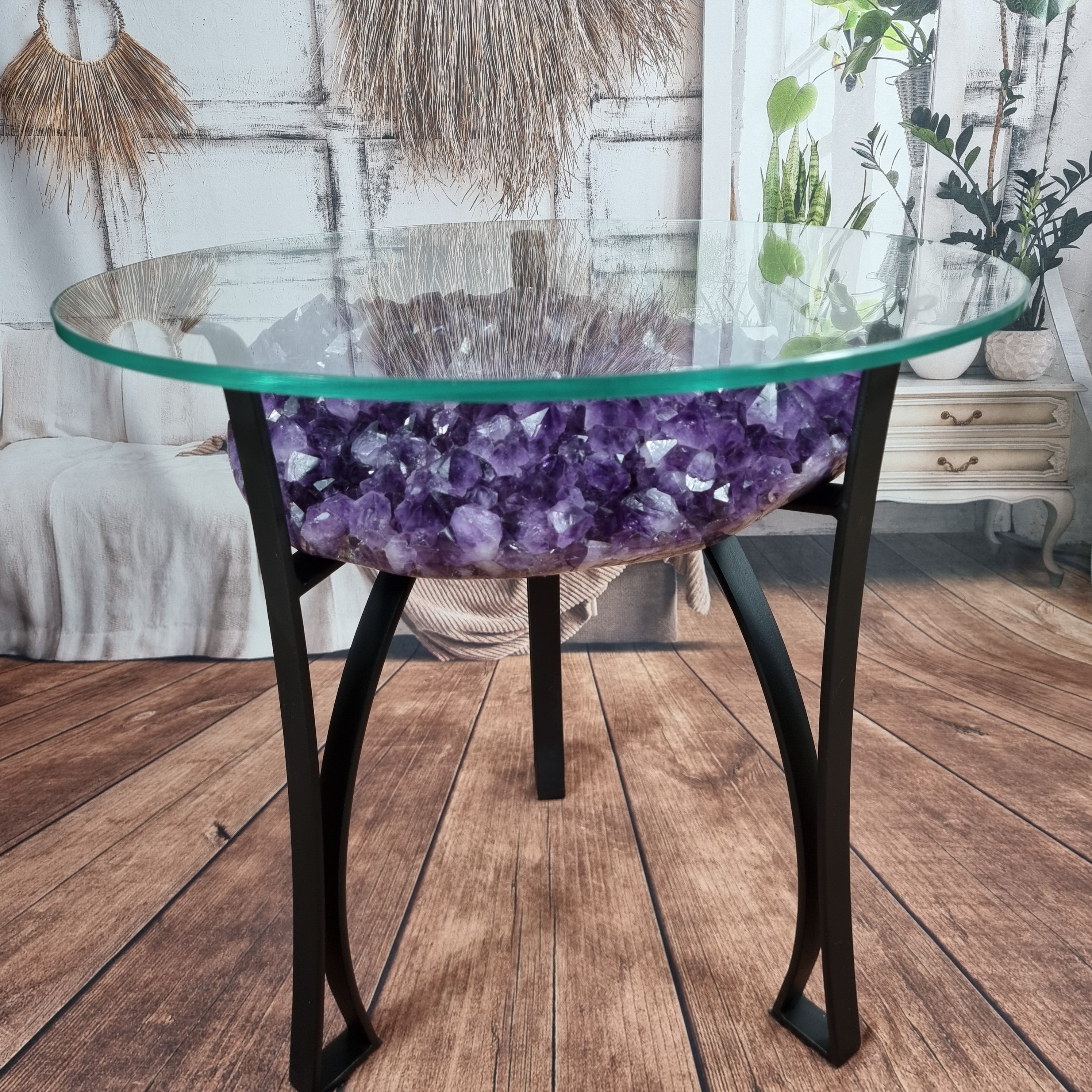 Amethyst Geode Side Table with Metal Legs - Purple Stone End Table - 17.70" and 28.00 lbs