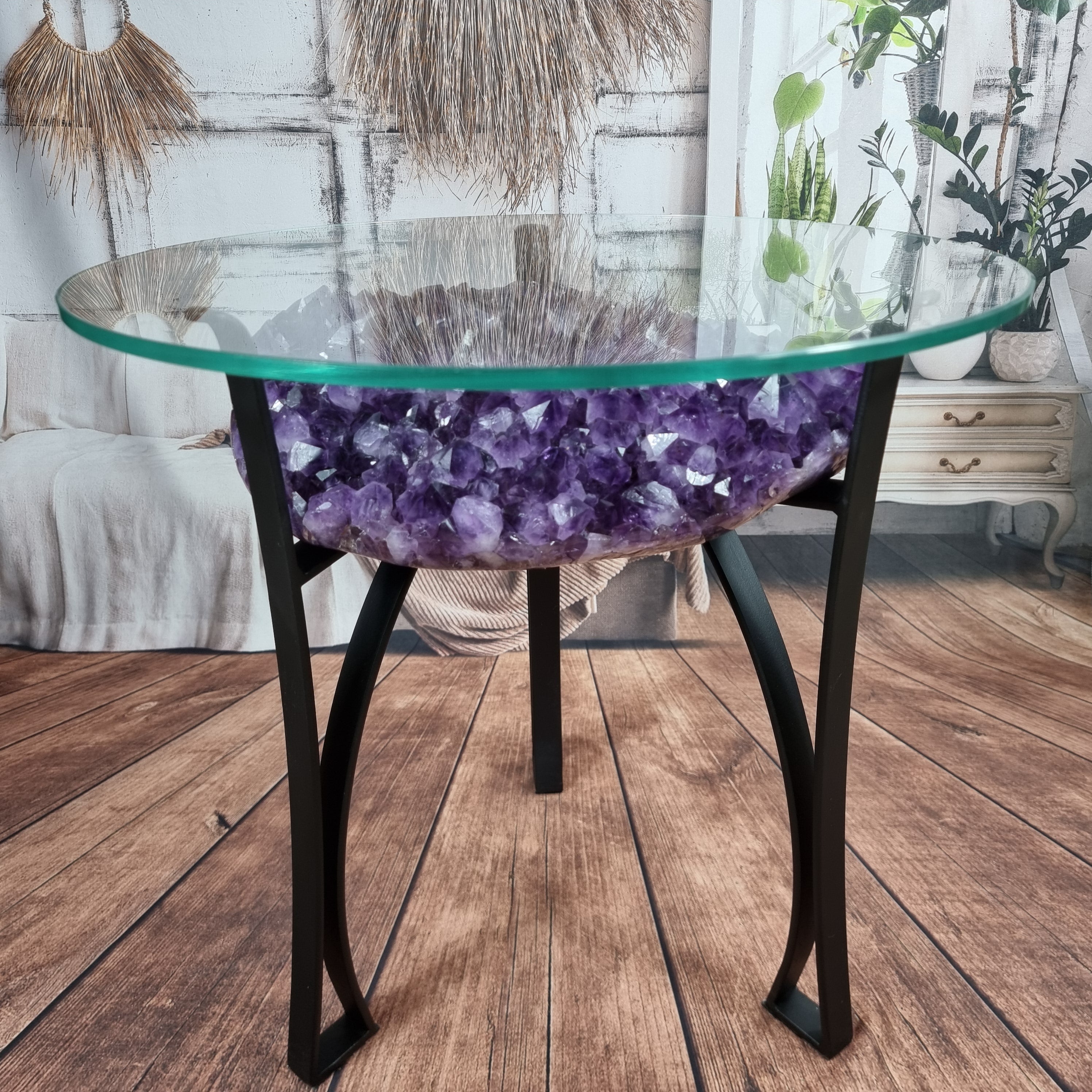 Amethyst Geode Side Table with Metal Legs - Purple Stone End Table - 17.70" and 28.00 lbs