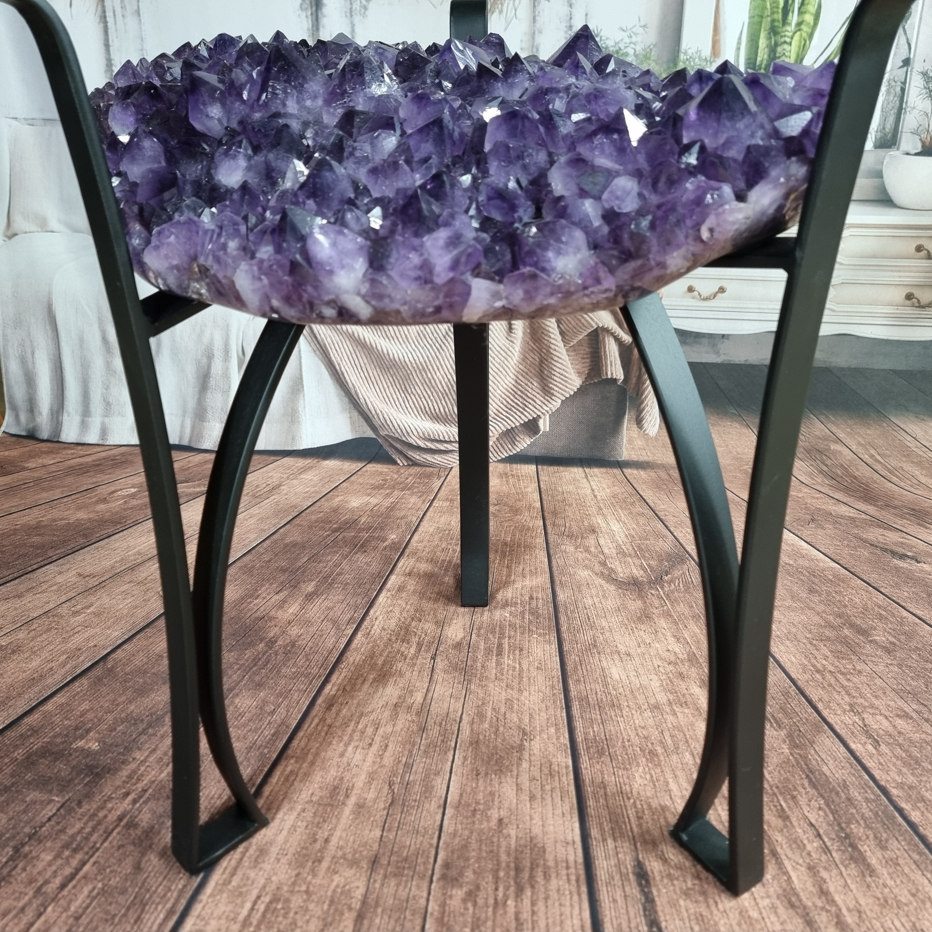 Amethyst Geode Side Table with Metal Legs - Purple Stone End Table - 17.70" and 28.00 lbs