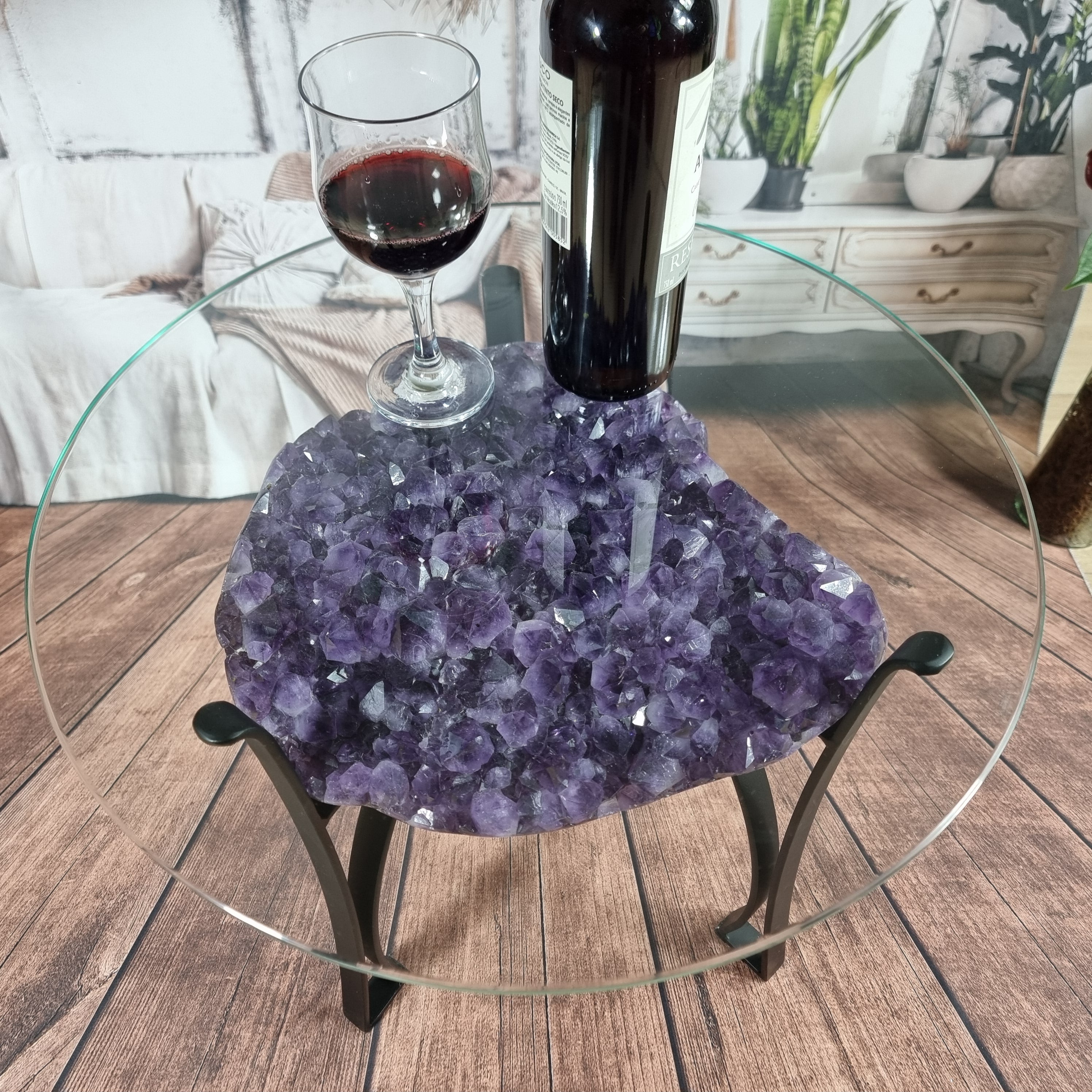 Amethyst Geode Side Table with Metal Legs - Purple Stone End Table - 17.70" and 28.00 lbs
