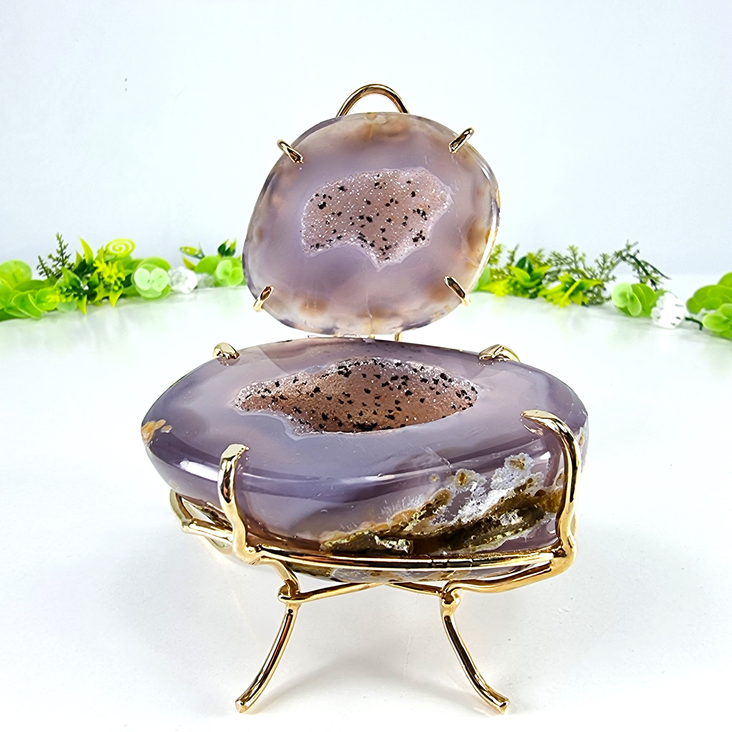 Polished Agate Geodes Jewelry Holder with Crystals One Piece