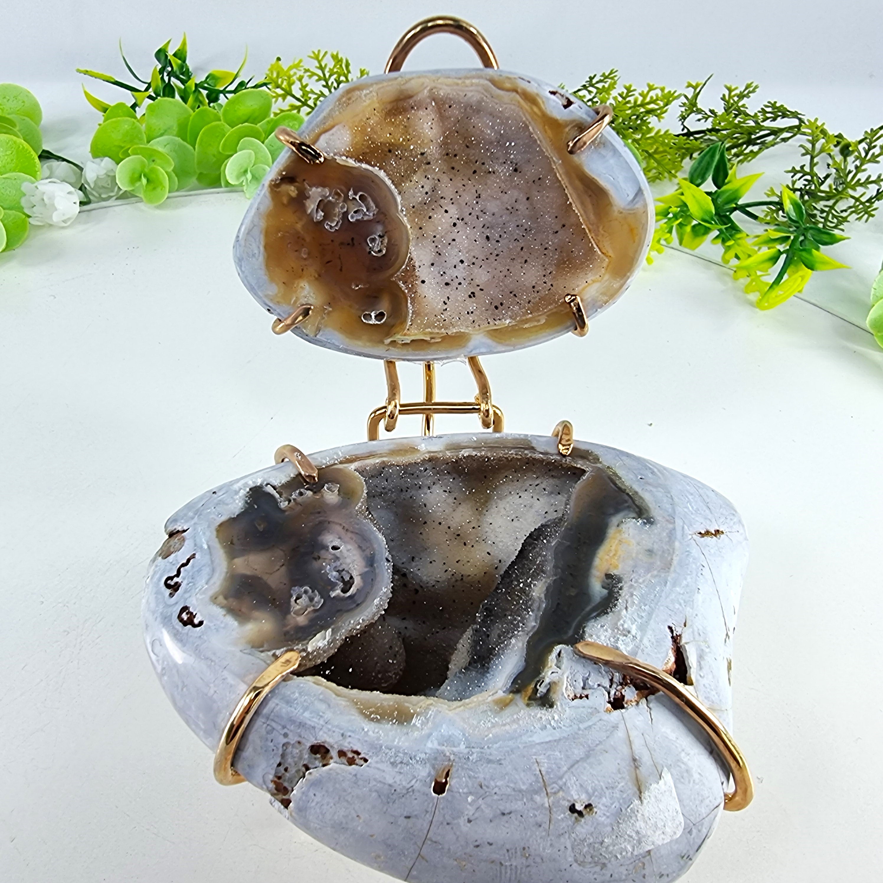 Polished Agate Geodes Jewelry Holder with Crystals One Piece