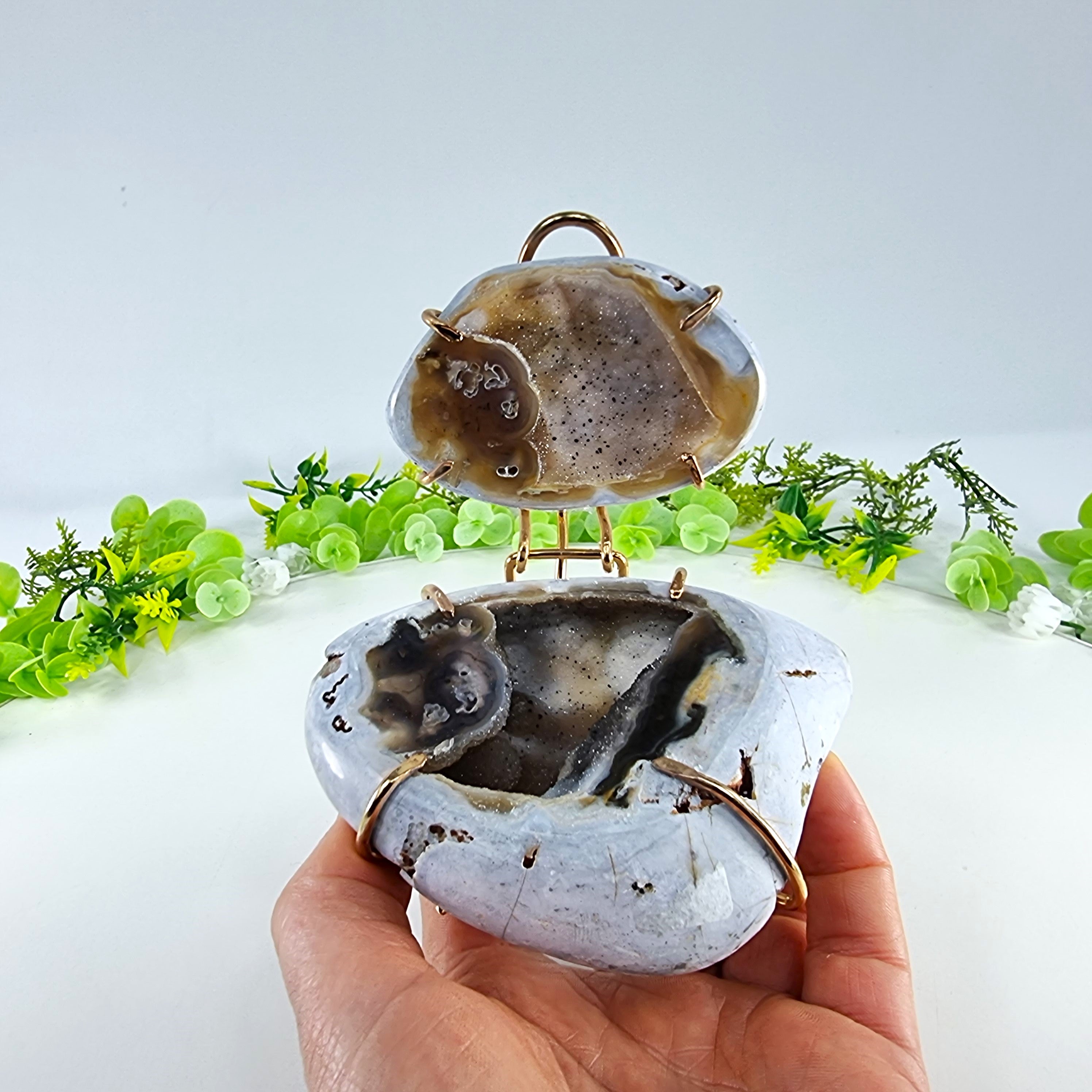 Polished Agate Geodes Jewelry Holder with Crystals One Piece