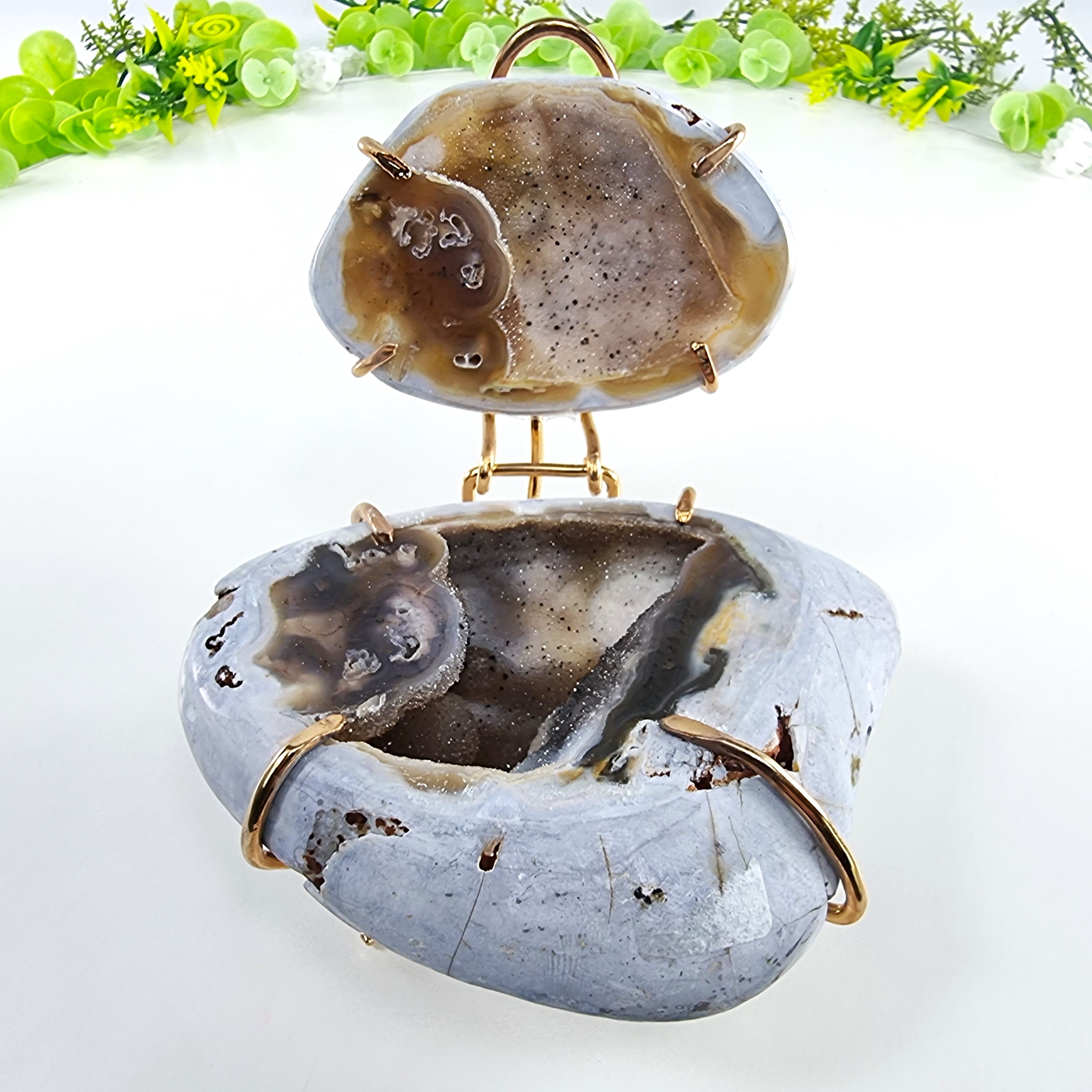 Polished Agate Geodes Jewelry Holder with Crystals One Piece