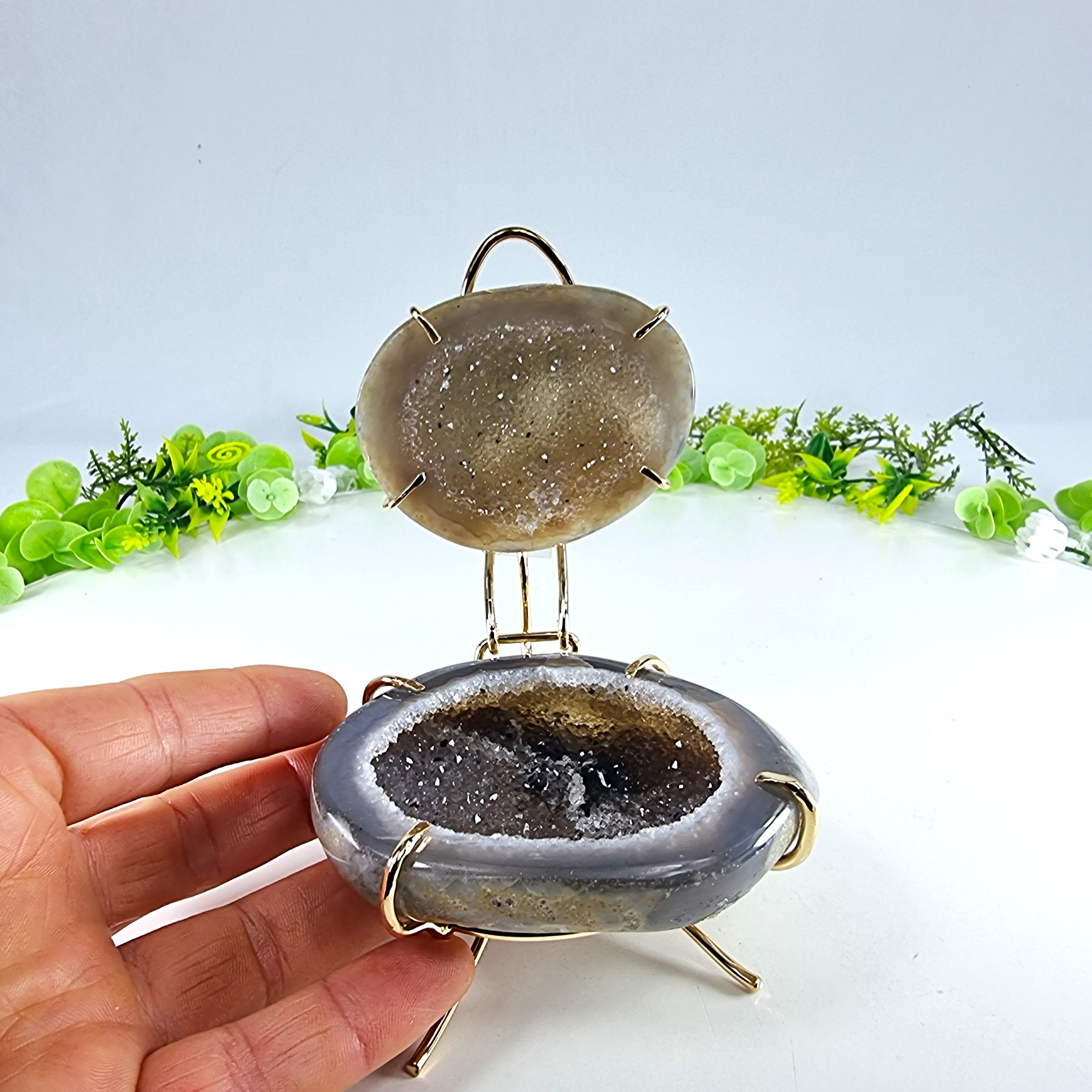 Polished Agate Geodes Jewelry Holder with Crystals One Piece