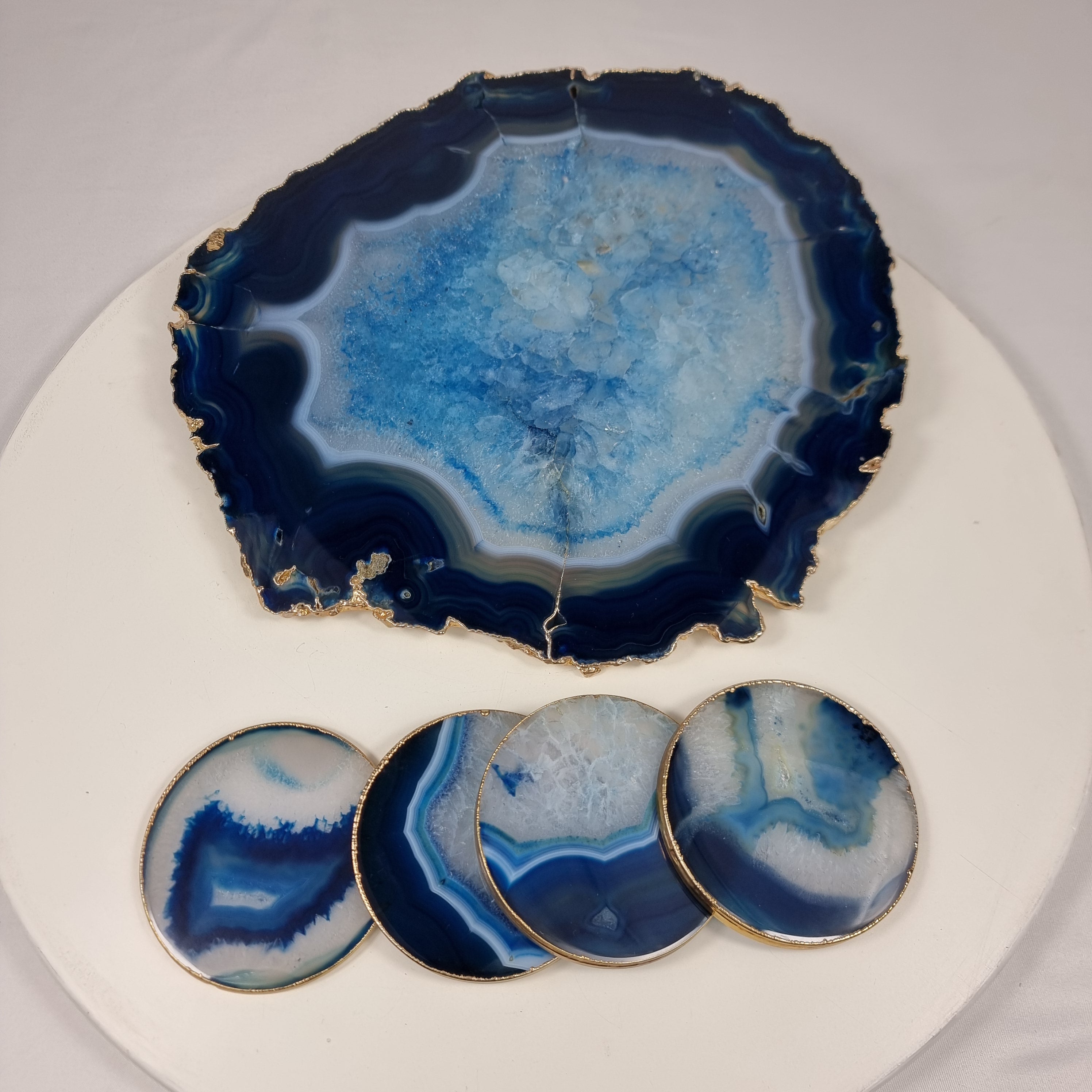 Tray with Natural BLUE Agate Coasters | 5 Units | Size 30 cm | Handmade Piece BR Crystals