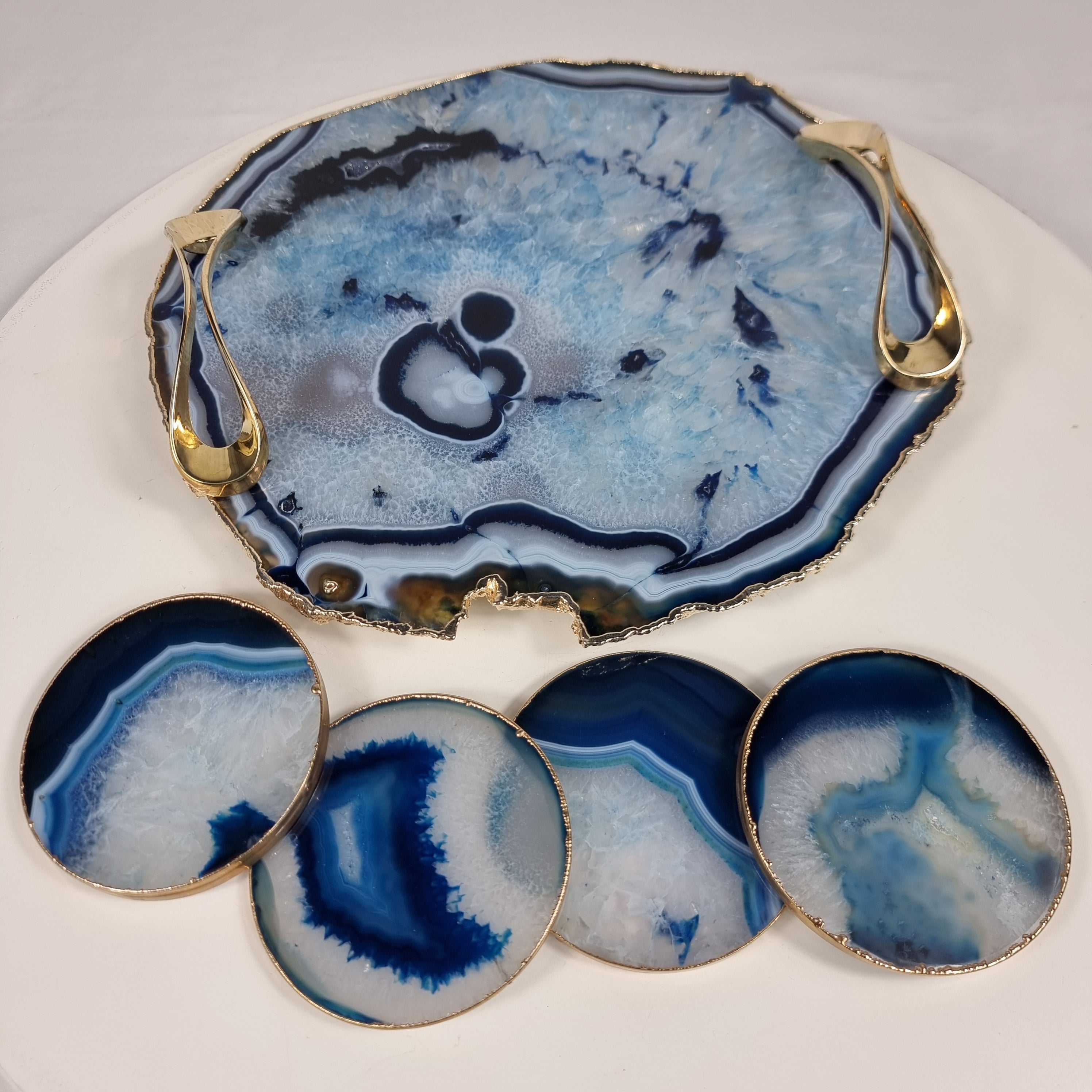Tray with Agate Coasters (BLUE) with Handles | 5 Units | Size 30 cm | Handcrafted Piece BR Crystals