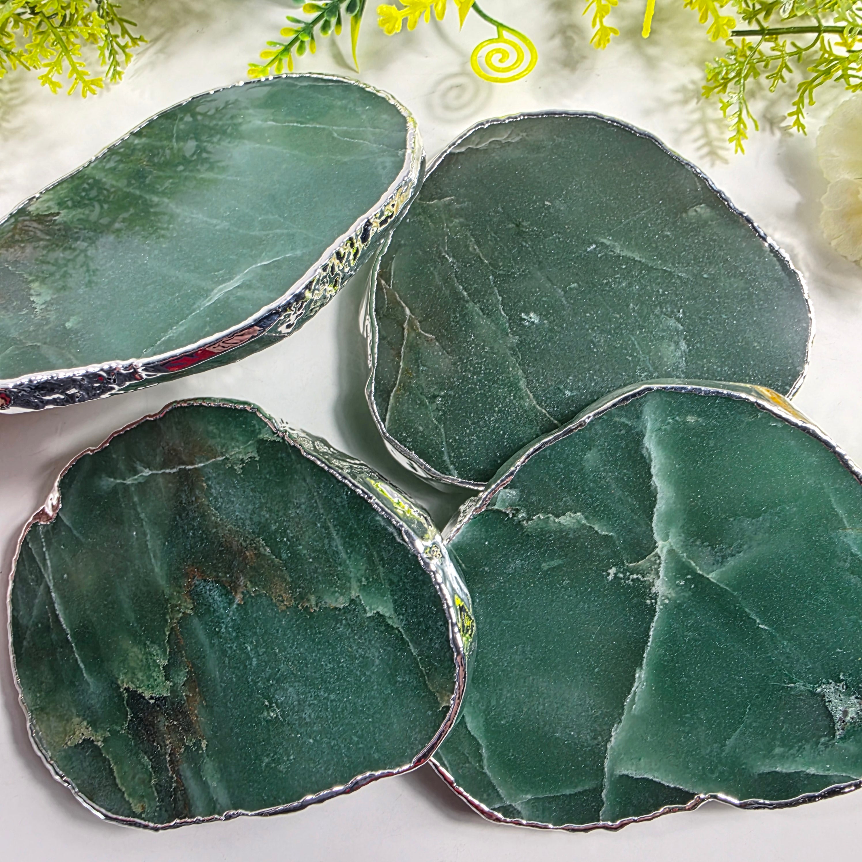Posavasos de Cuarzo Verde BAÑO Plata | 4 unidades | Altura de 8 a 10 cm | Pieza Artesanal BR Crystals