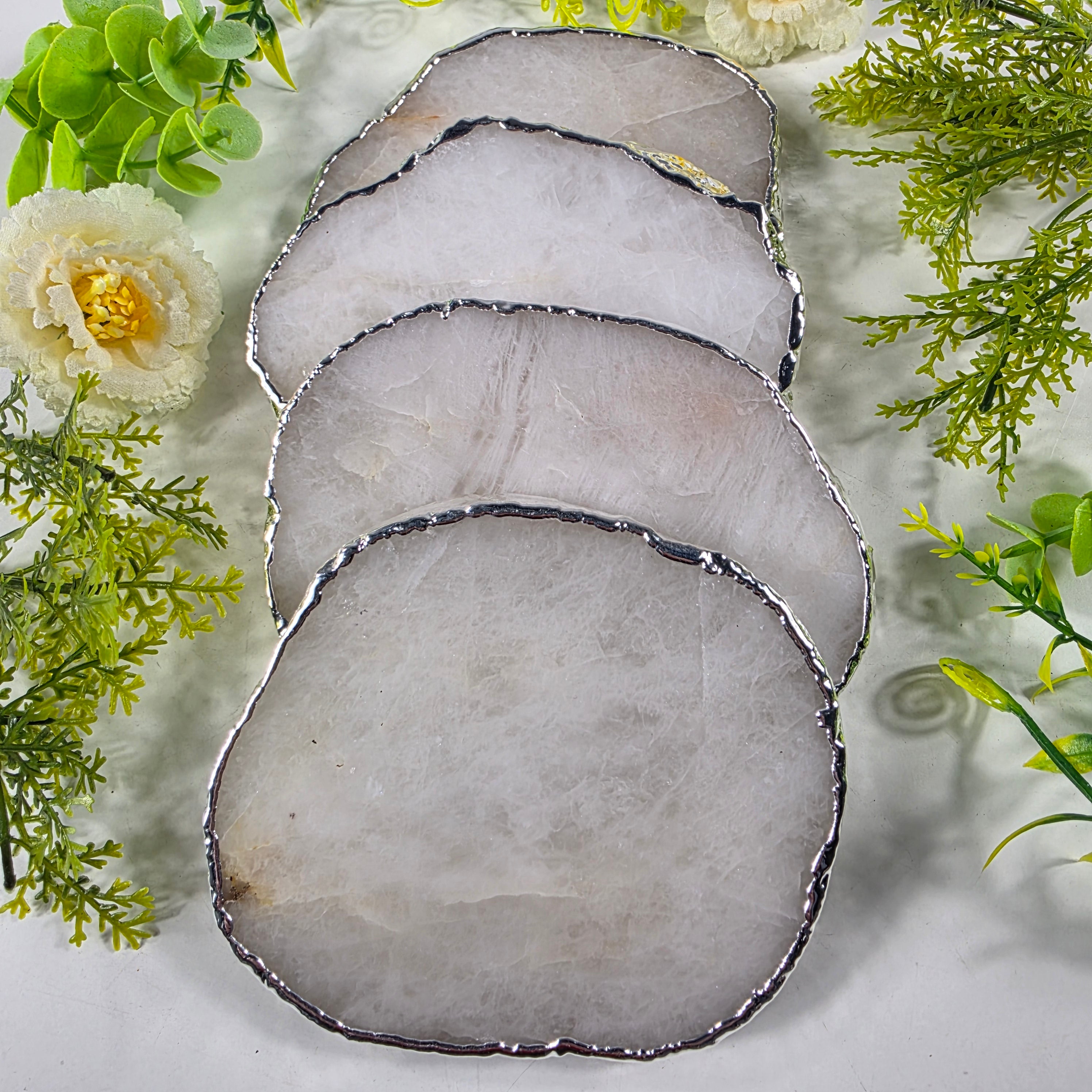 Rose Quartz Coasters SILVER PLATED | Set of 4 | Height 8 to 10 cm | Handmade BR Crystals