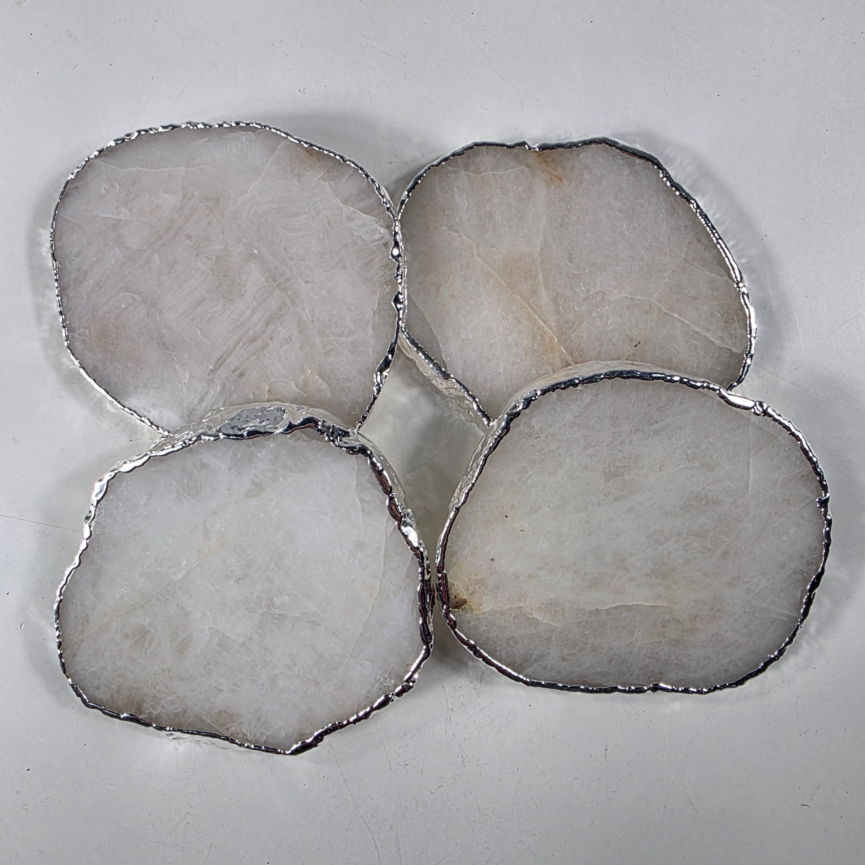Rose Quartz Coasters SILVER PLATED | Set of 4 | Height 8 to 10 cm | Handmade BR Crystals