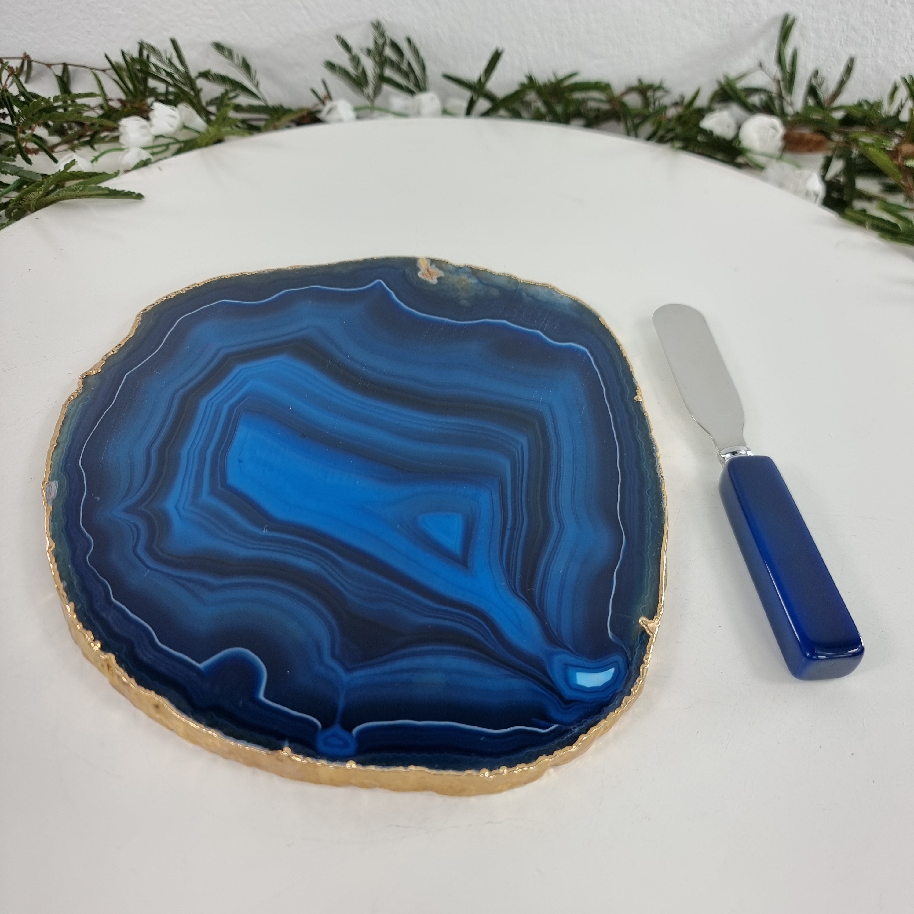 Agate Cold Cuts Tray WITH Spatula, Gold Plated | 1 Unit, Size 18 to 20 cm | BR Crystals Handmade Piece