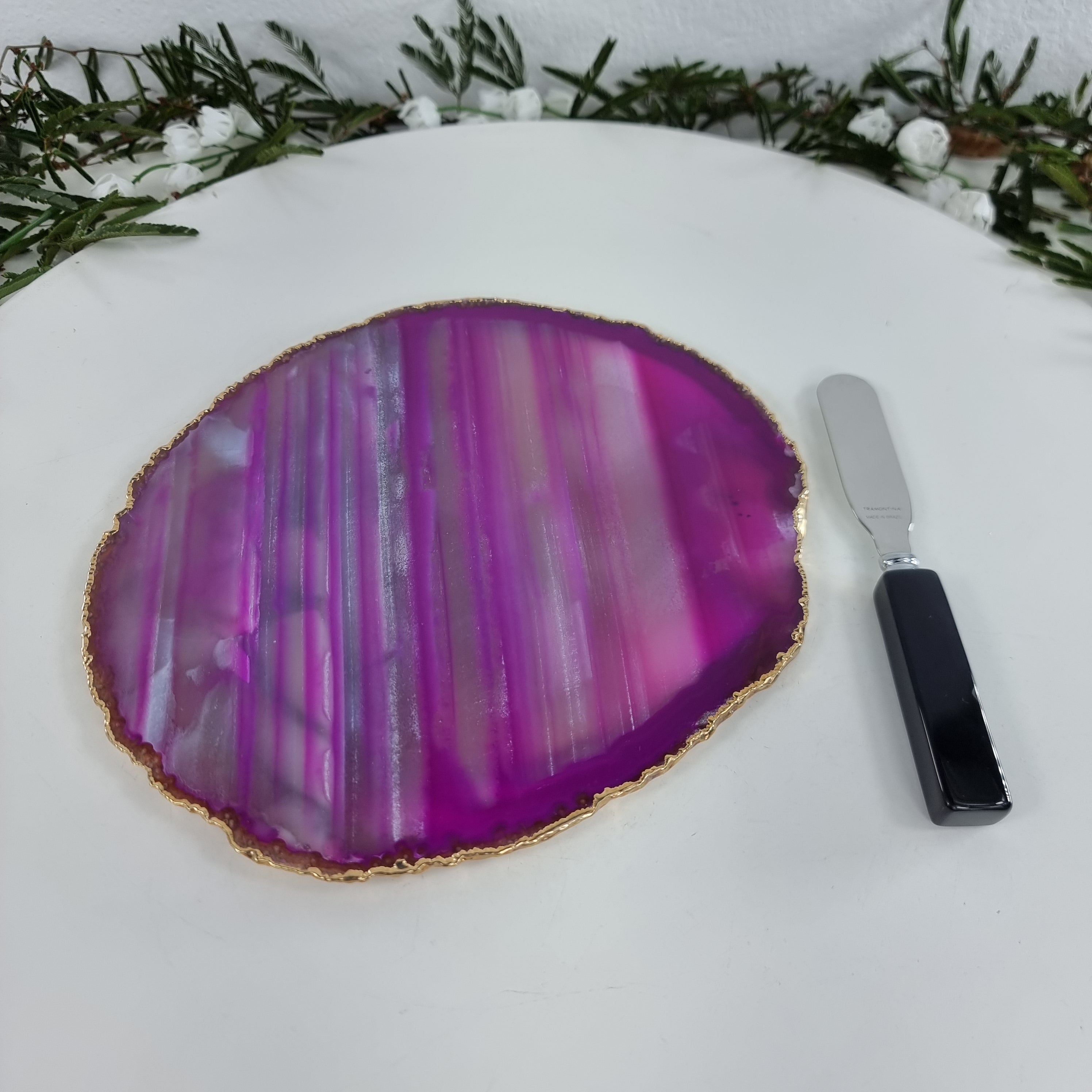 Agate Cold Cuts Tray WITH Spatula, Gold Plated | 1 Unit, Size 18 to 20 cm | BR Crystals Handmade Piece