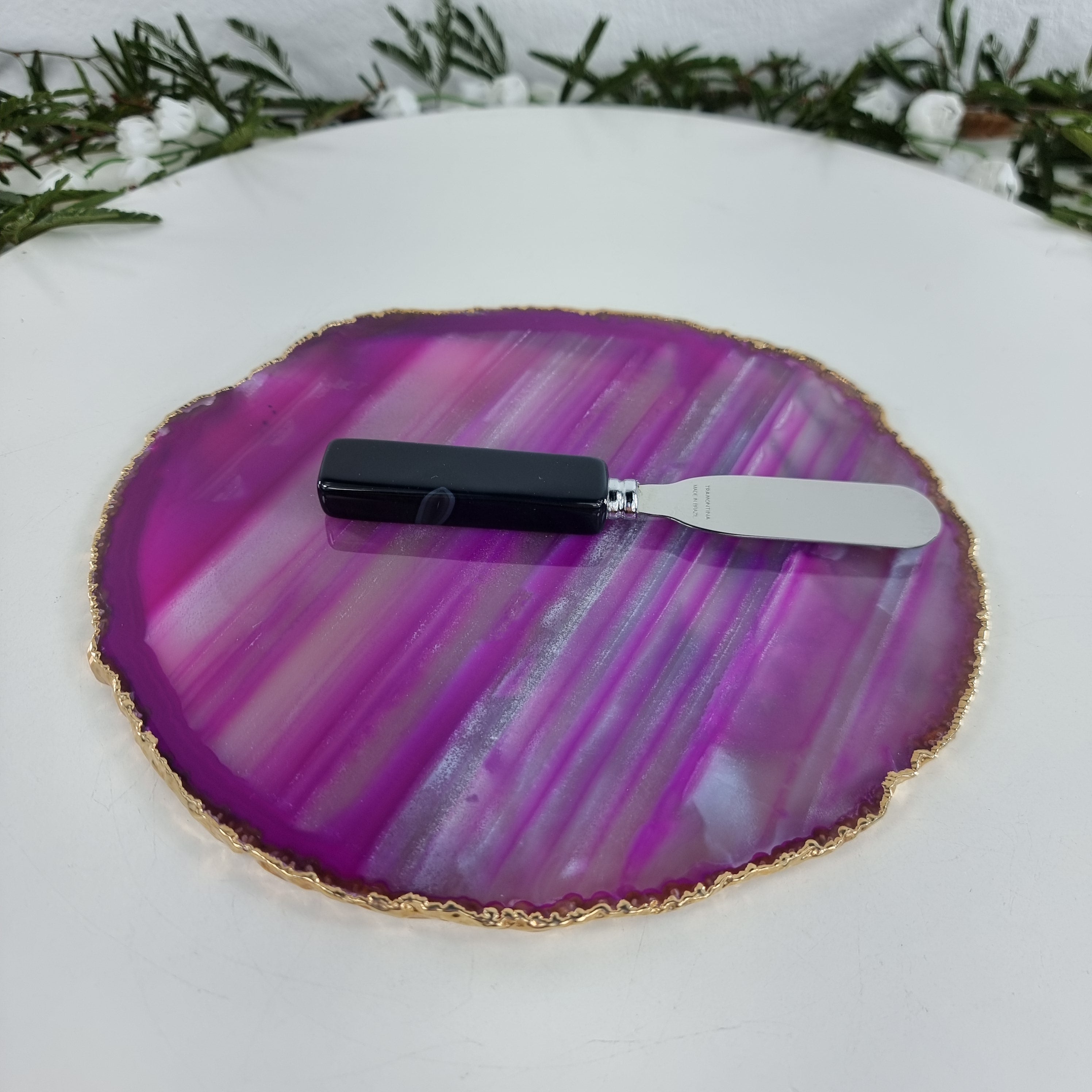 Agate Cold Cuts Tray WITH Spatula, Gold Plated | 1 Unit, Size 18 to 20 cm | BR Crystals Handmade Piece