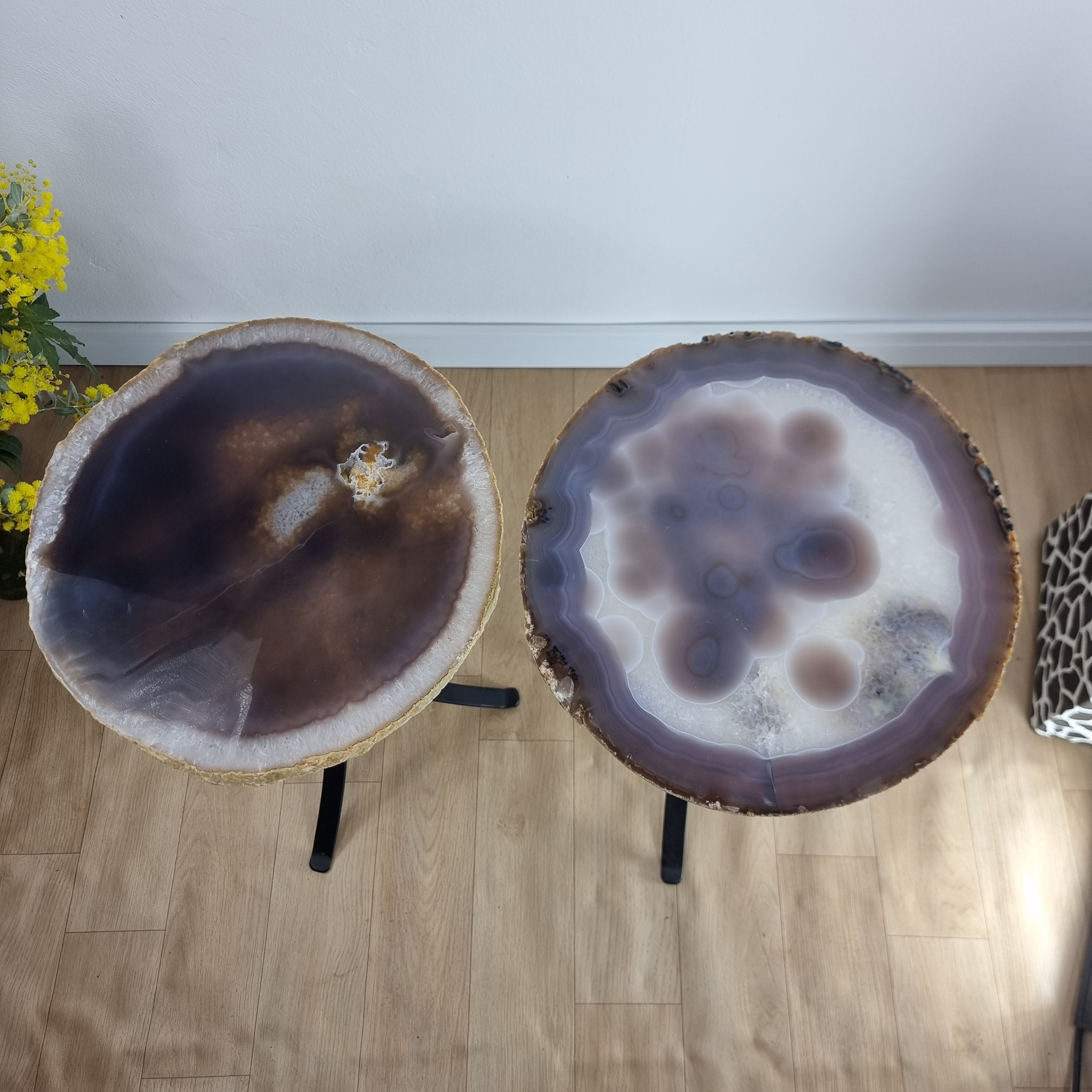 Side Table (PAIR) with Natural Agates | Black Tripod Iron Base | 60 cm Height - BR Crystals Handmade Piece