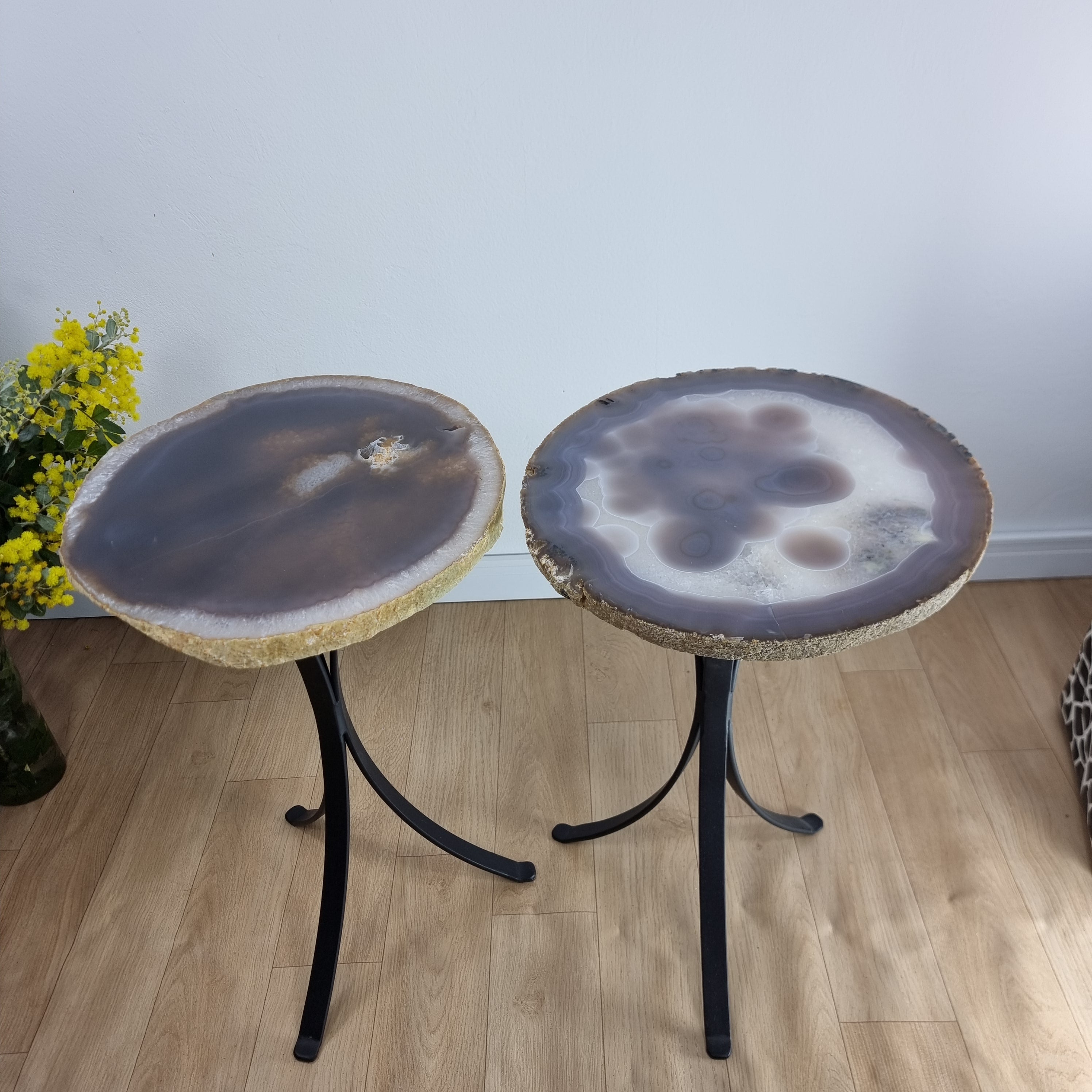 Side Table (PAIR) with Natural Agates | Black Tripod Iron Base | 60 cm Height - BR Crystals Handmade Piece