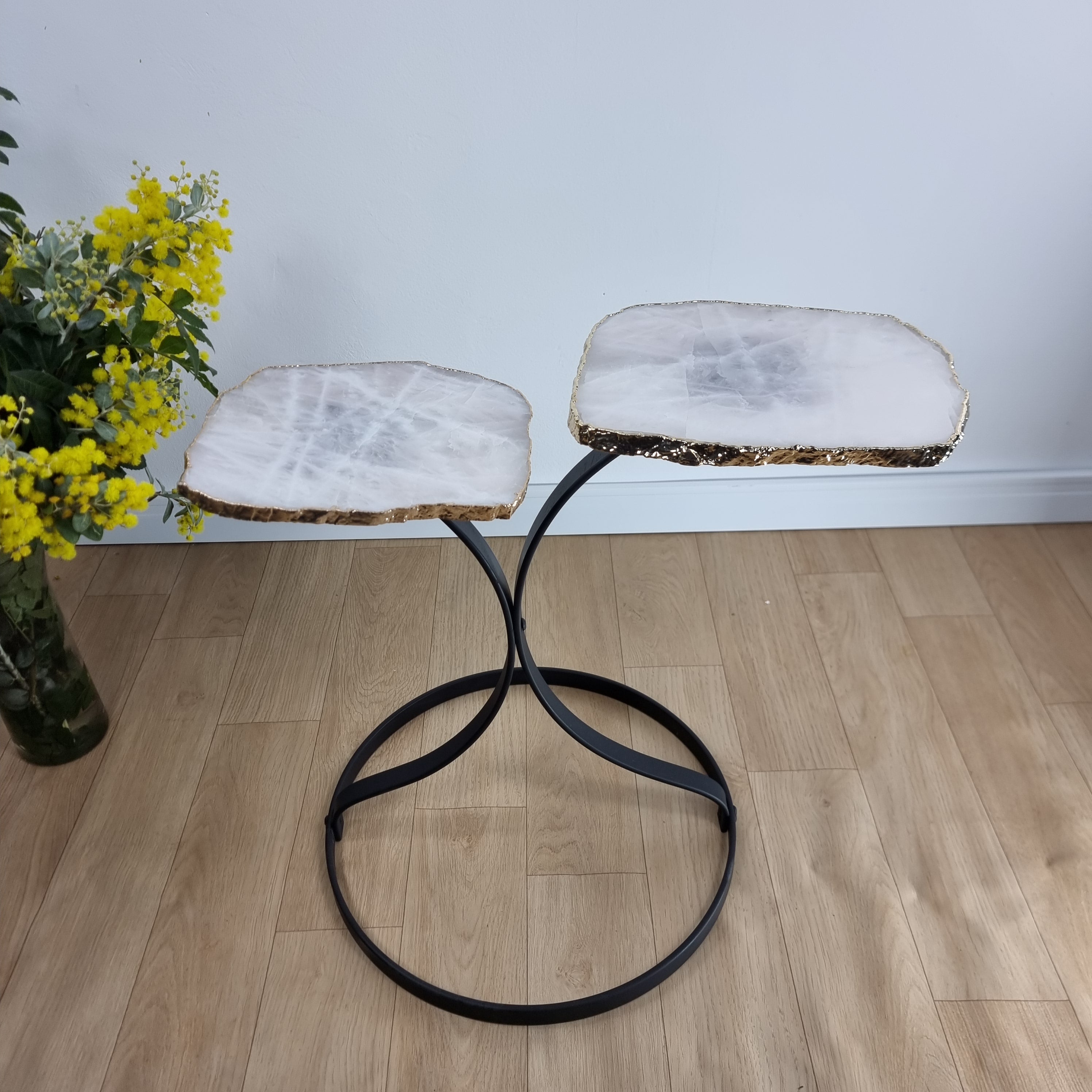 White Quartz Side Table (PAIR) with Finish | Black Iron Base | 50 cm Height - BR Crystals Handmade Piece
