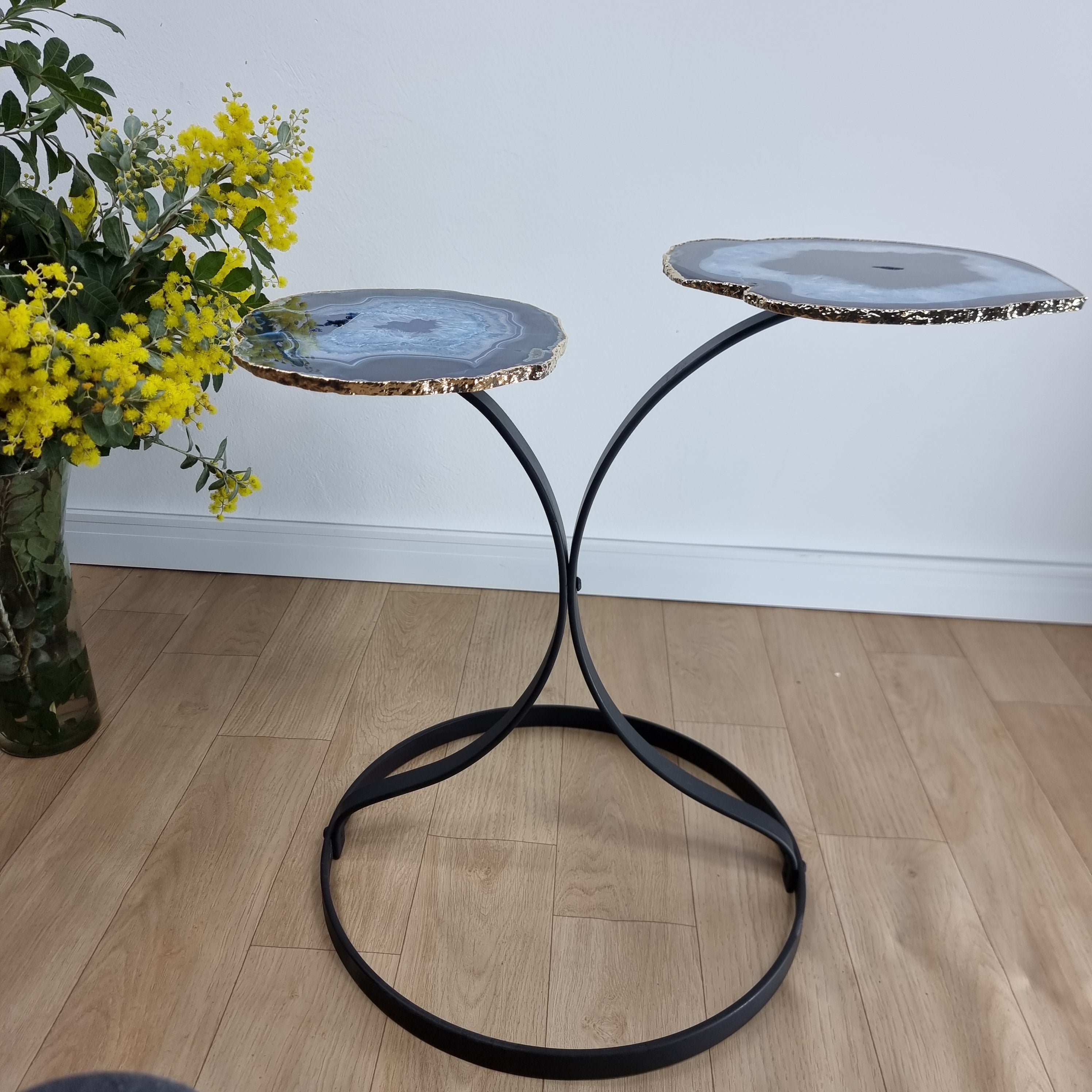 Agate Side Tables (PAIR) with Plating | Black Iron Base | 50 cm Height - BR Crystals Handmade Piece