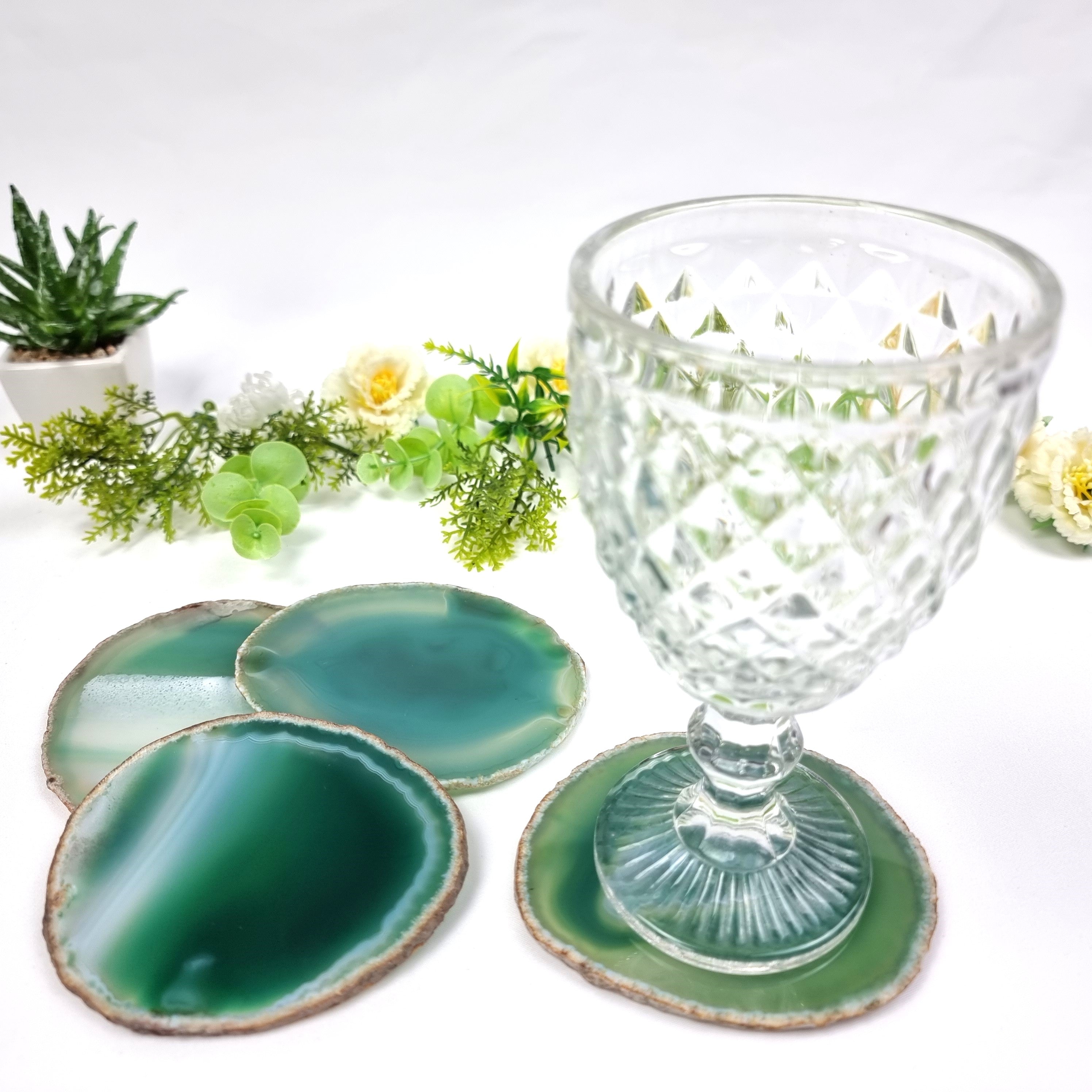 Green Agate Coasters, size 3.5" to 4.5" each, 4-piece set