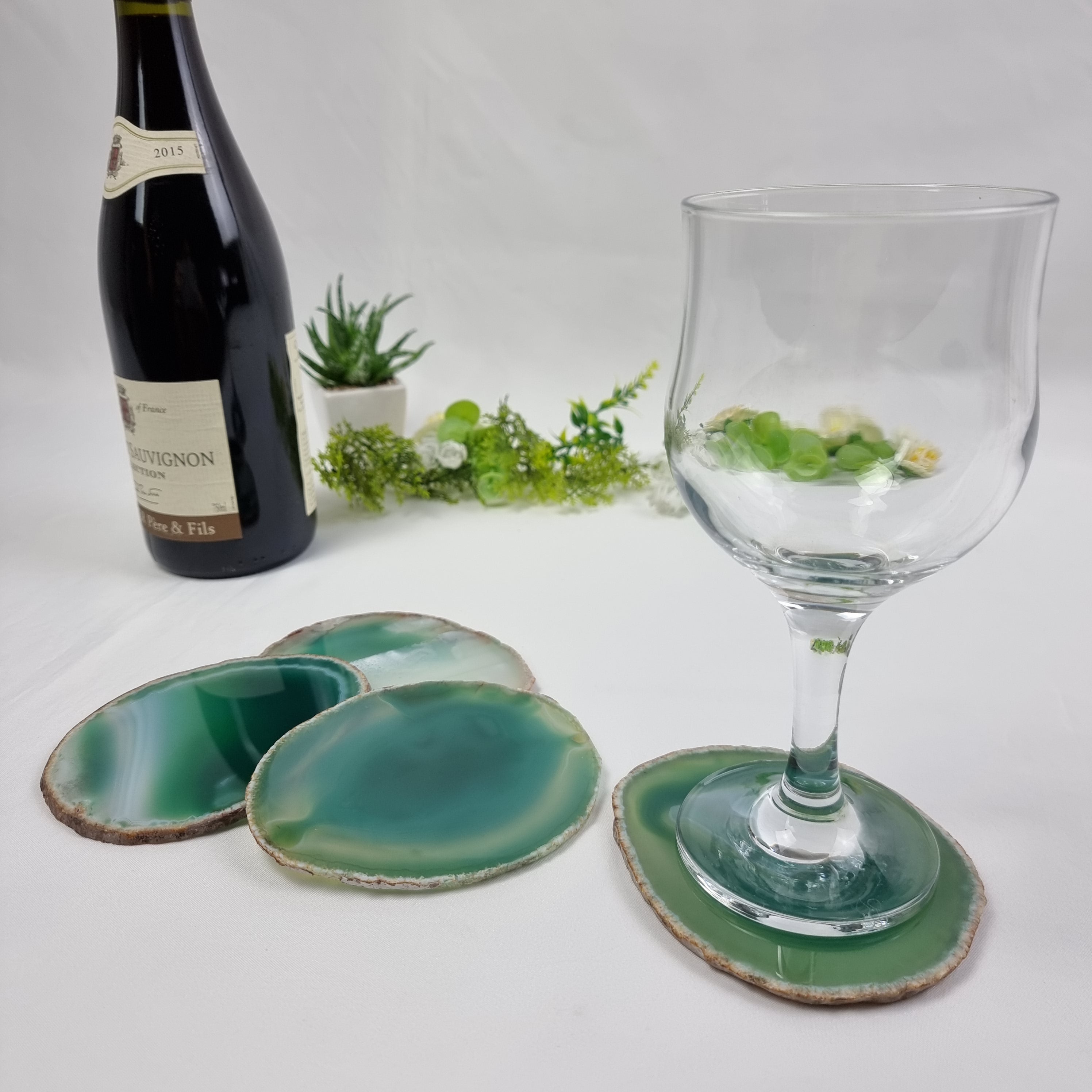 Green Agate Coasters, size 3.5" to 4.5" each, 4-piece set