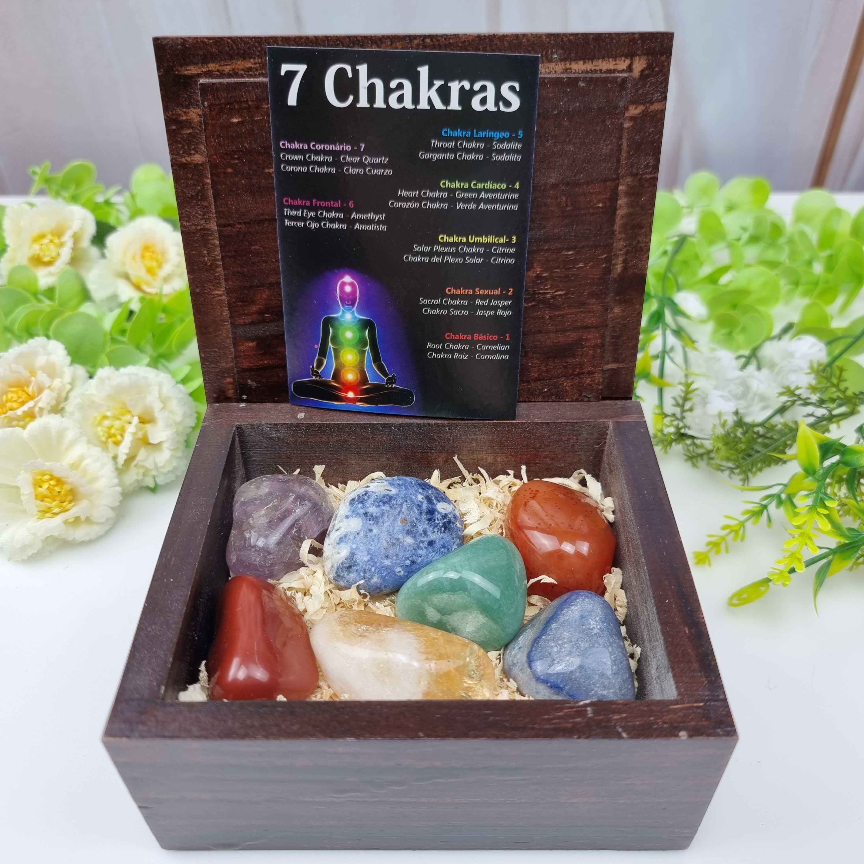 7 Chakras Box of Polished Therapeutic Stones wooden packaging 1 Pc