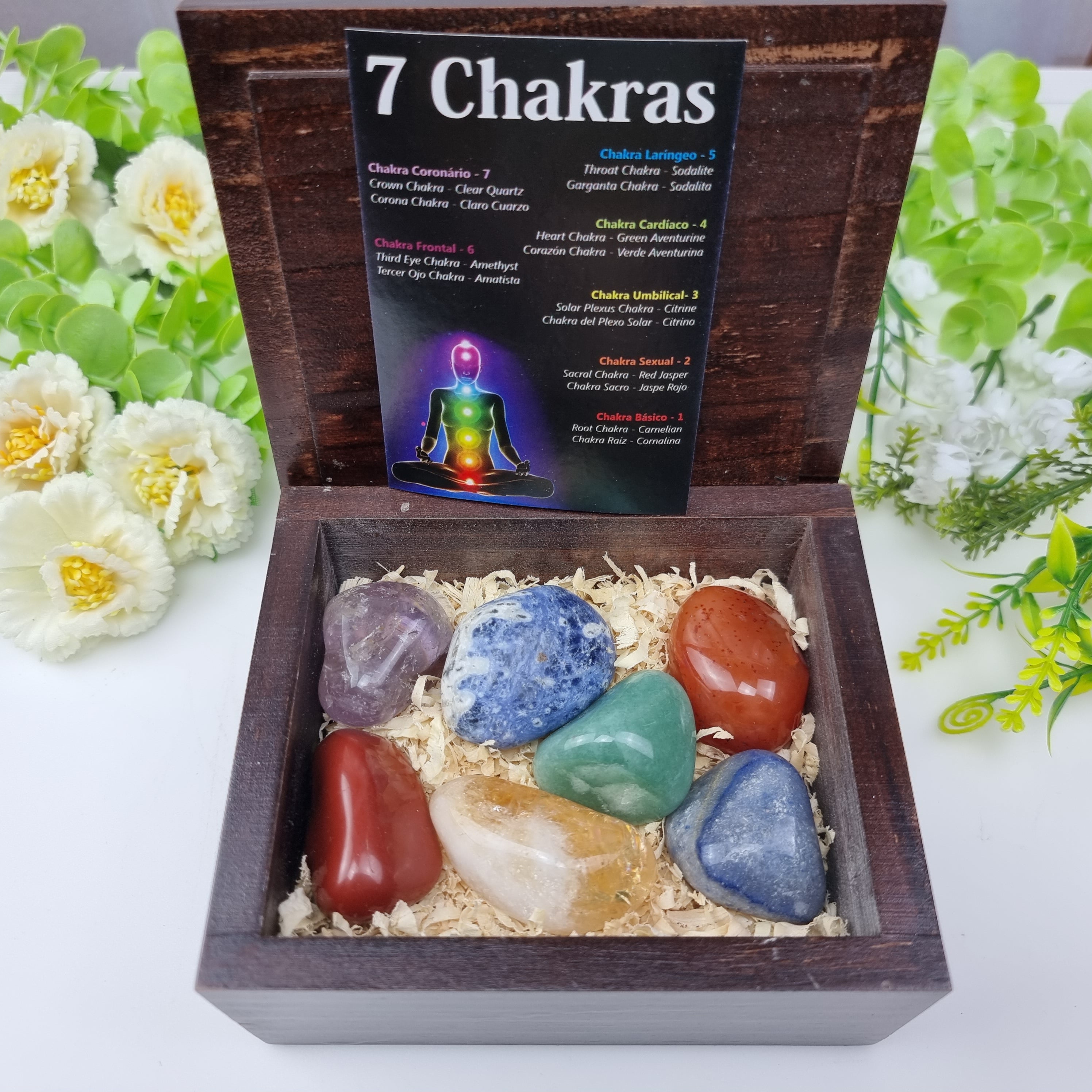 7 Chakras Box of Polished Therapeutic Stones wooden packaging 1 Pc