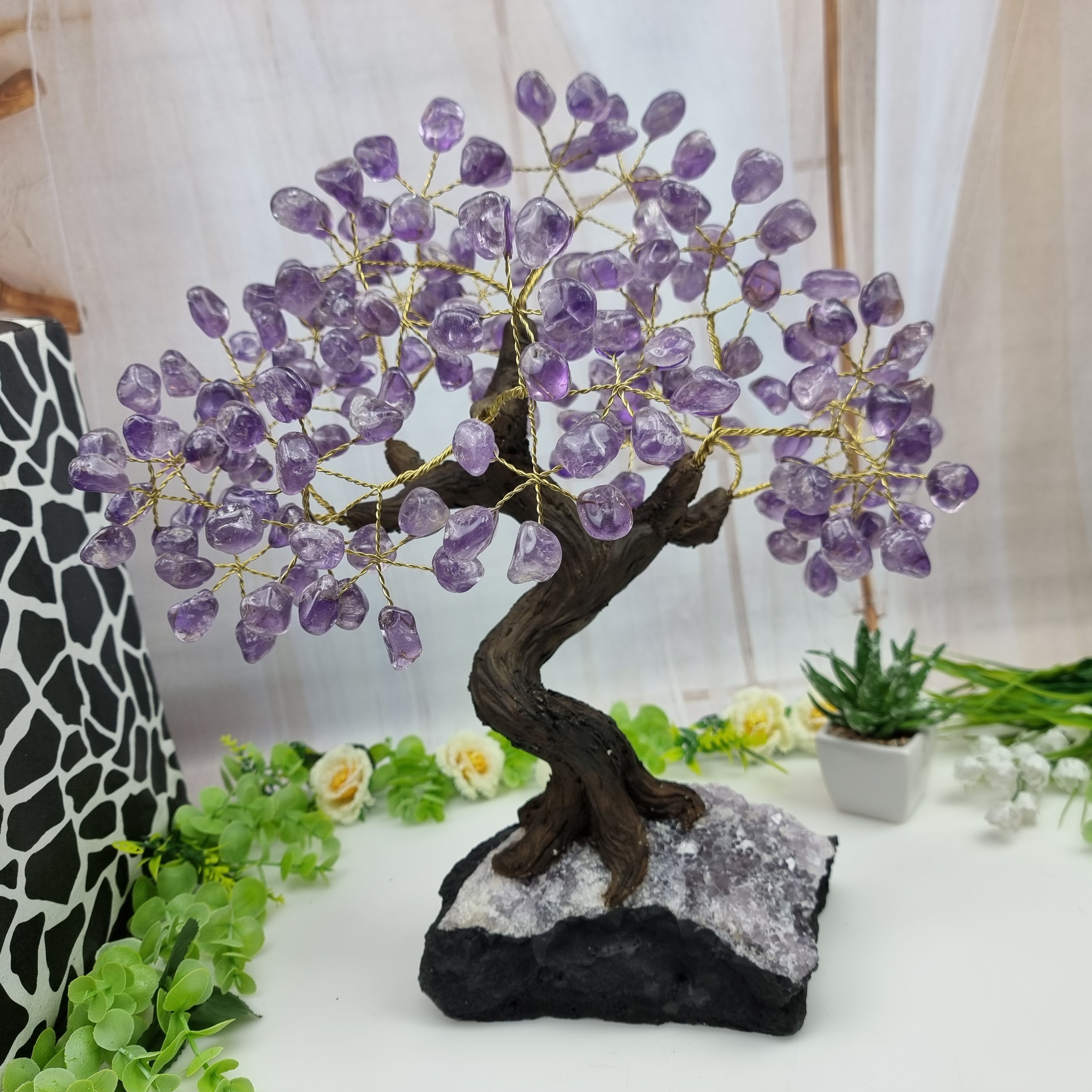 Amethyst 14" Tall Handmade Gemstone Tree on a Crystal Cluster base, 180 Total Gems Model