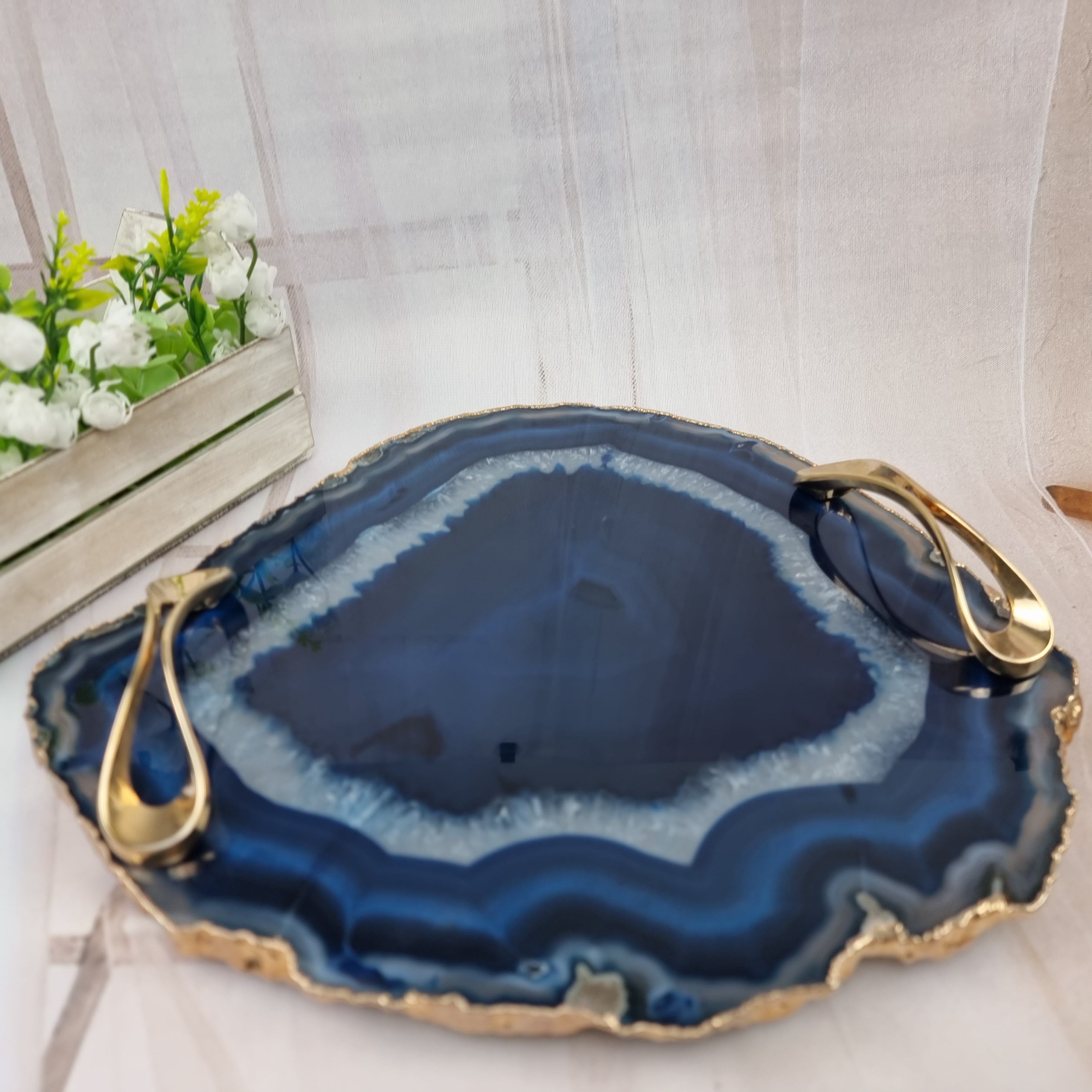 Natural Agate Trays with Handles | 1 Unit Gold Plated | Size 30 cm | BR Crystals Handmade Piece