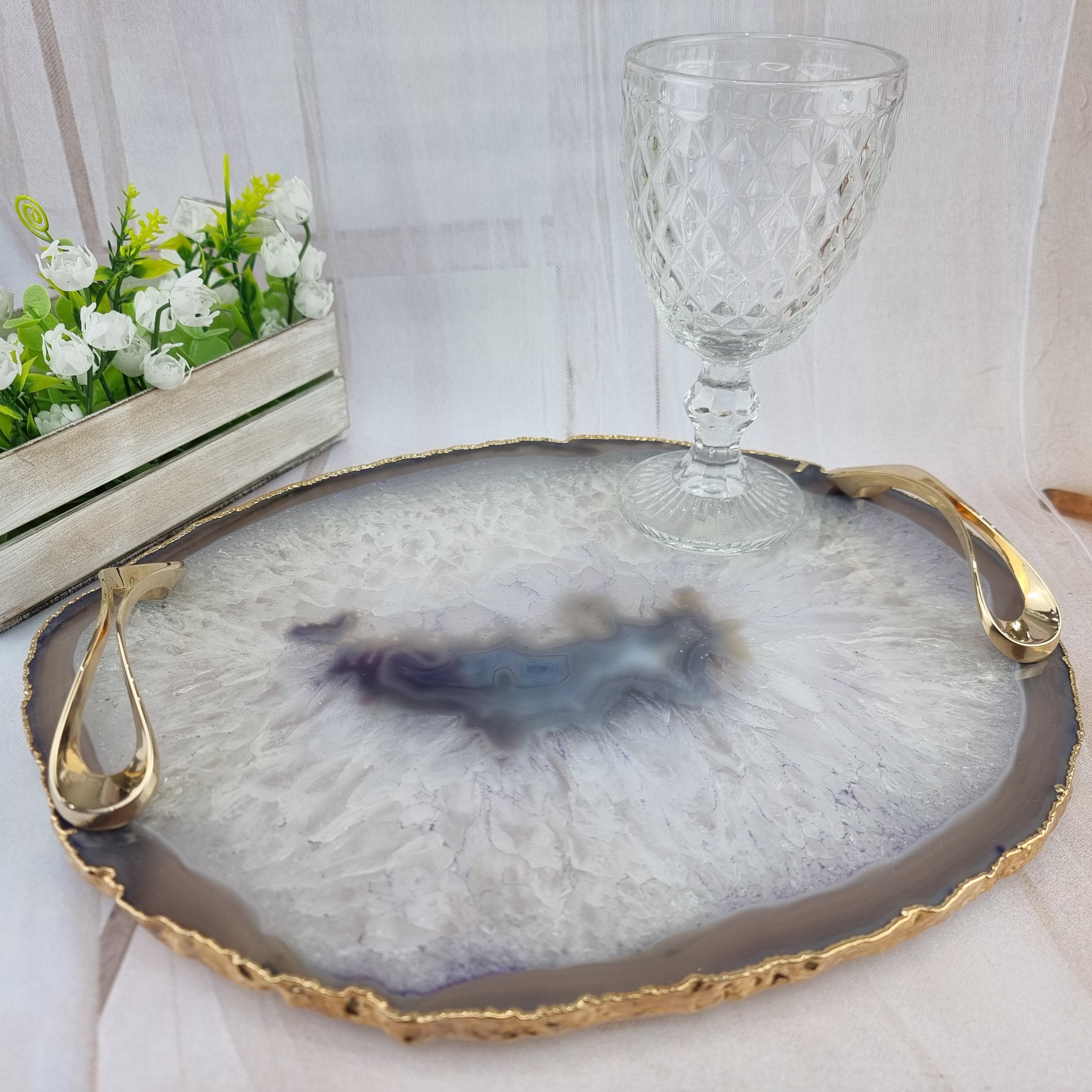 Natural Agate Trays with Handles | 1 Unit Gold Plated | Size 30 cm | BR Crystals Handmade Piece